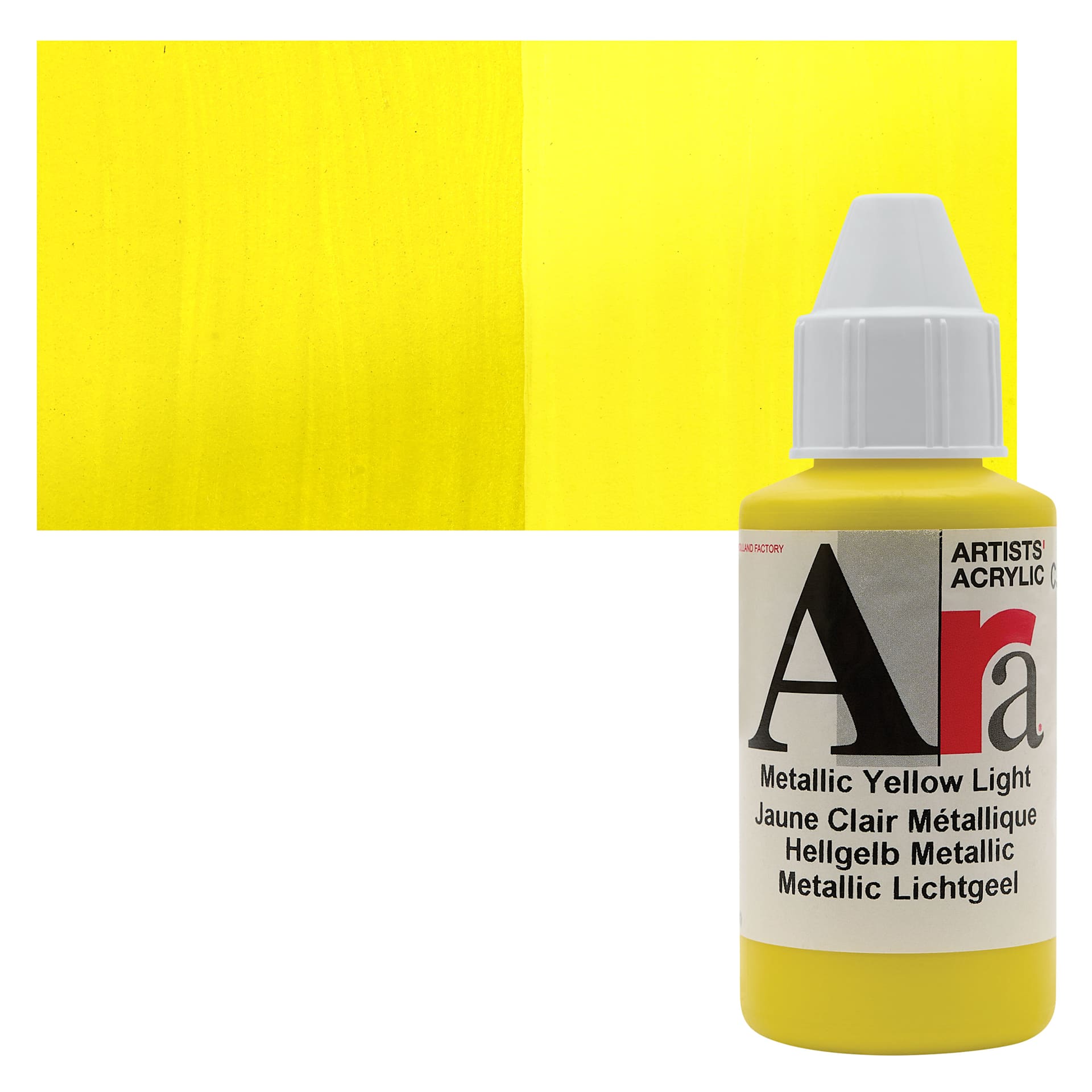 Ara Artists’ Acrylic Paint - Metallic Yellow Light, 100 ml bottle and swatch