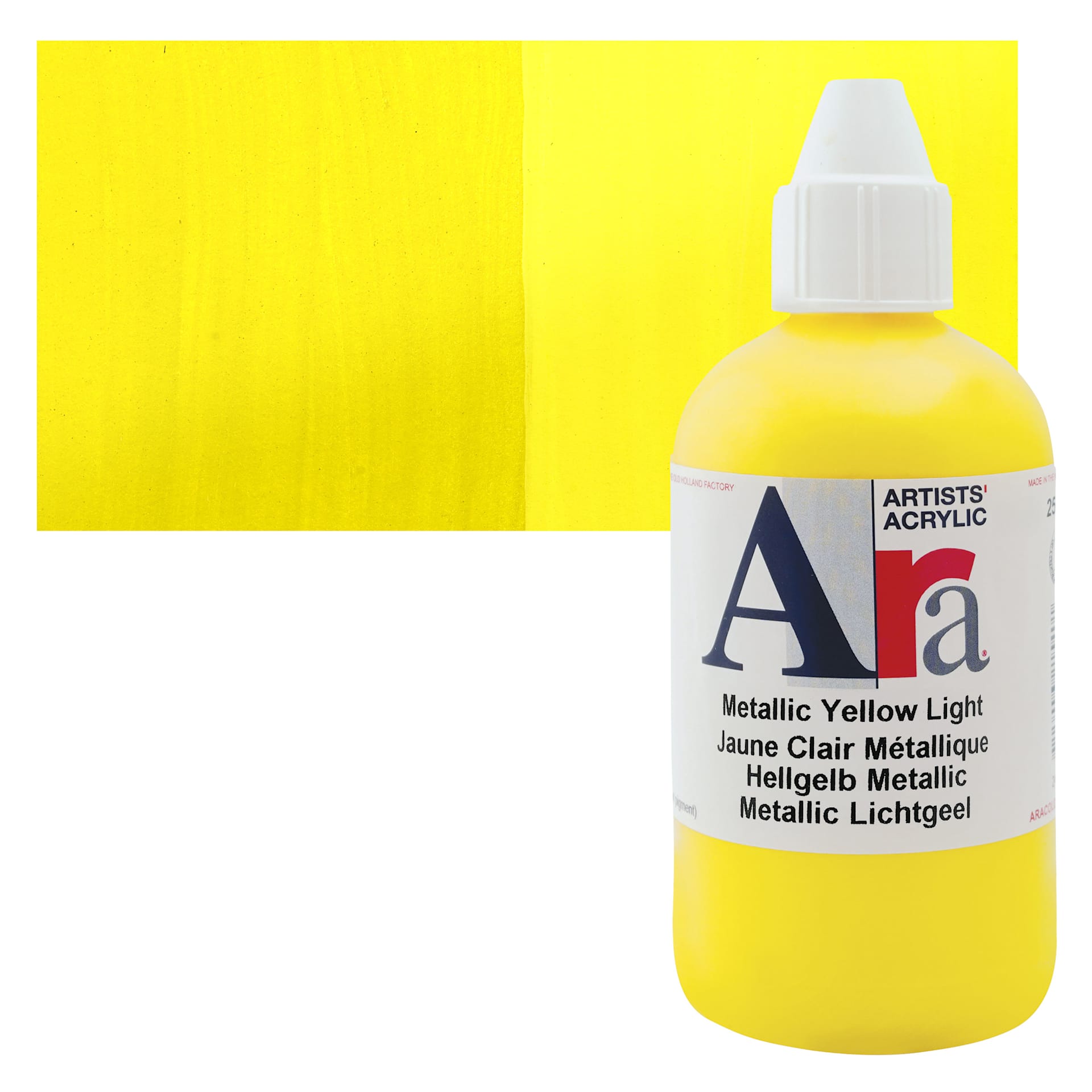 Ara Artists’ Acrylic Paint - Metallic Yellow Light, 250 ml bottle and swatch