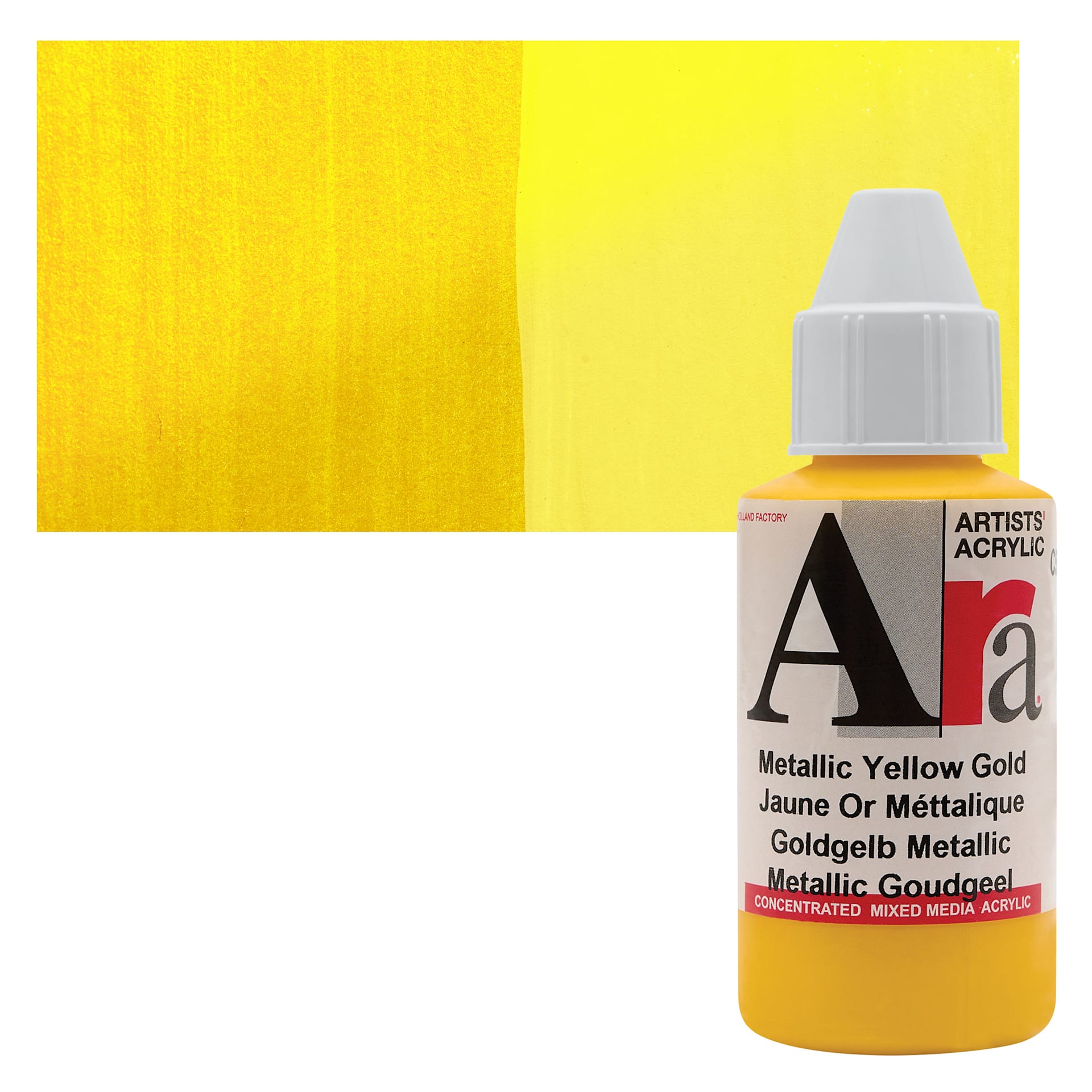 Ara Artists’ Acrylic Paint - Metallic Yellow Gold, 100 ml bottle and swatch
