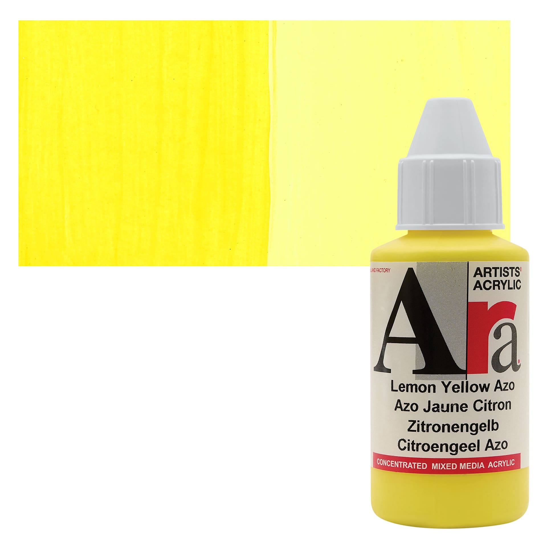 Ara Artists’ Acrylic Paint - Lemon Yellow Azo, 100 ml bottle and swatch