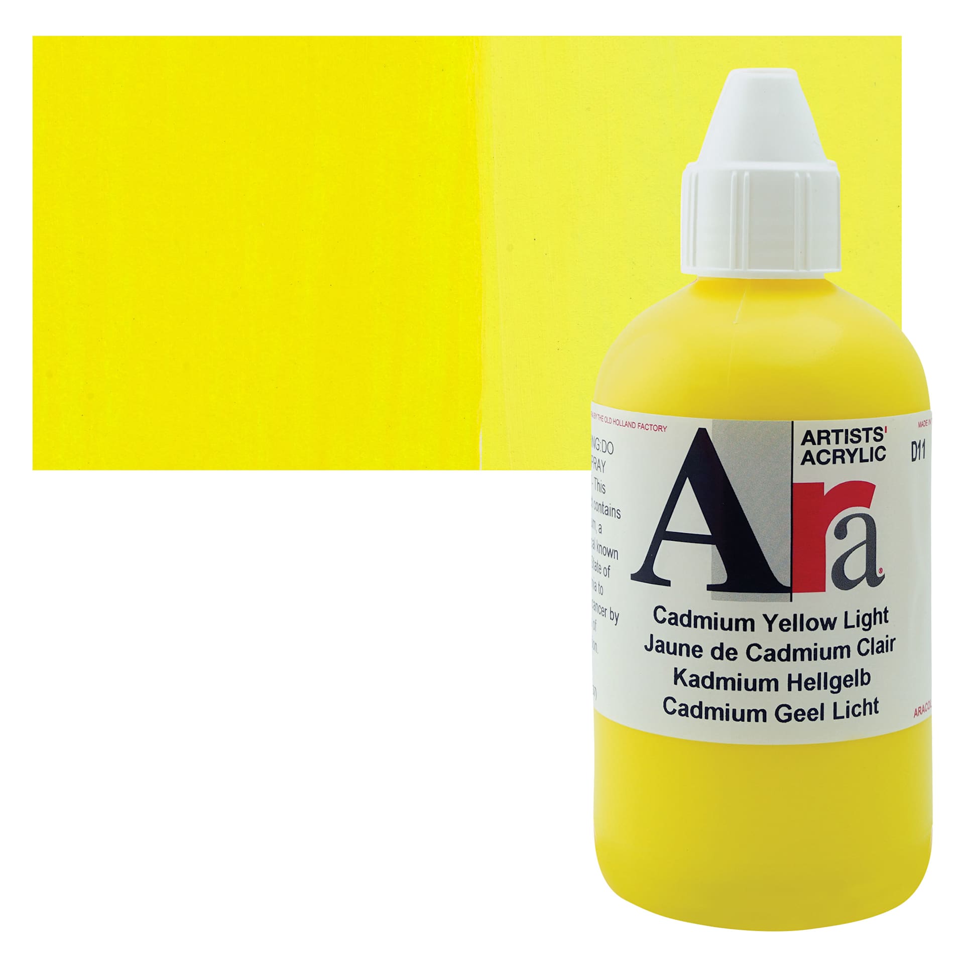 Ara Artists’ Acrylic Paint - Cadmium Yellow Light, 250 ml bottle and swatch
