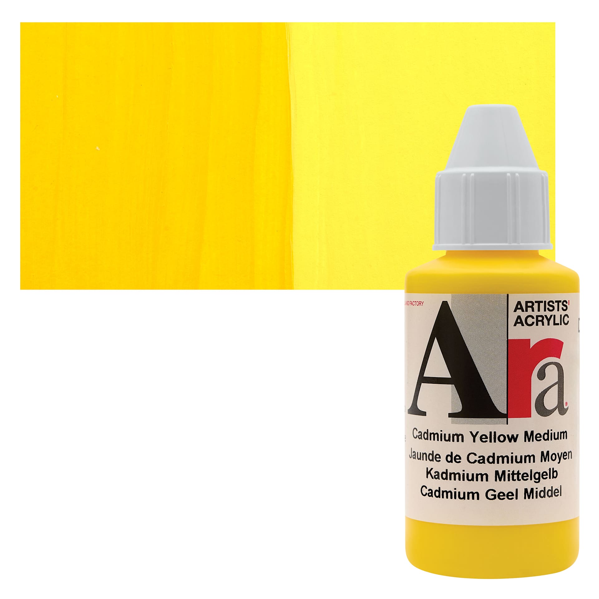 Ara Artists’ Acrylic Paint - Cadmium Yellow Medium, 100 ml bottle and swatch