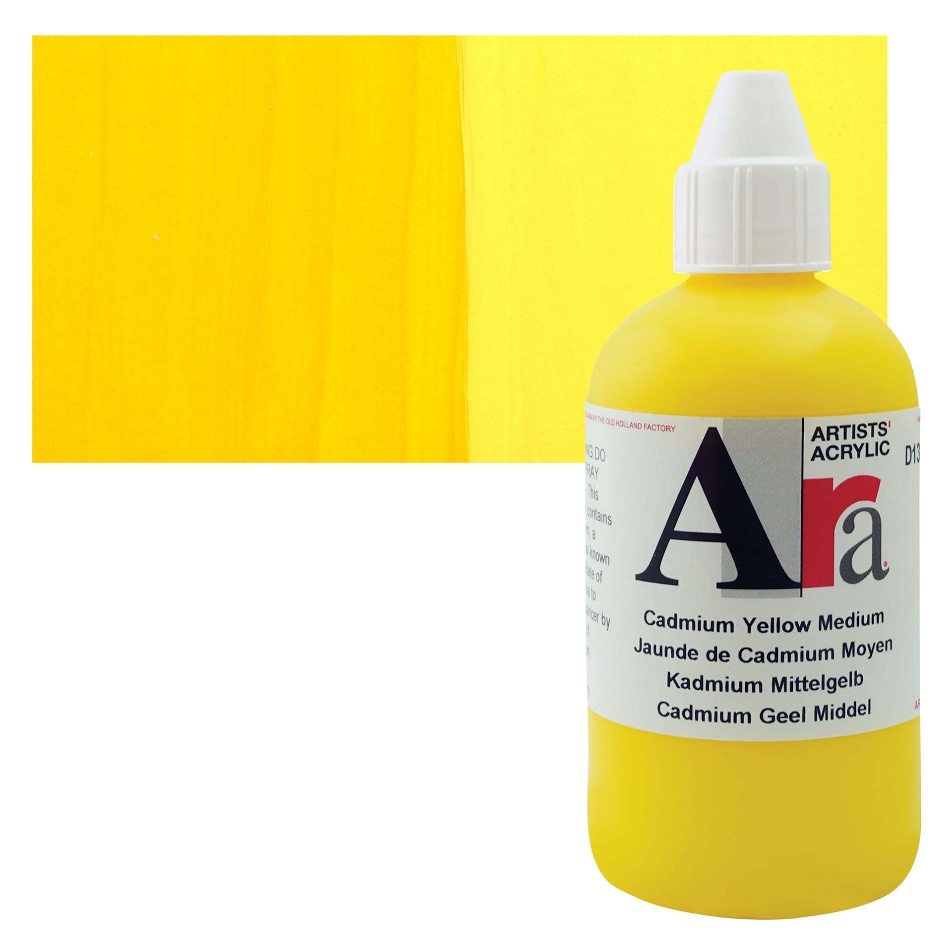 Ara Artists’ Acrylic Paint - Cadmium Yellow Medium, 250 ml bottle and swatch