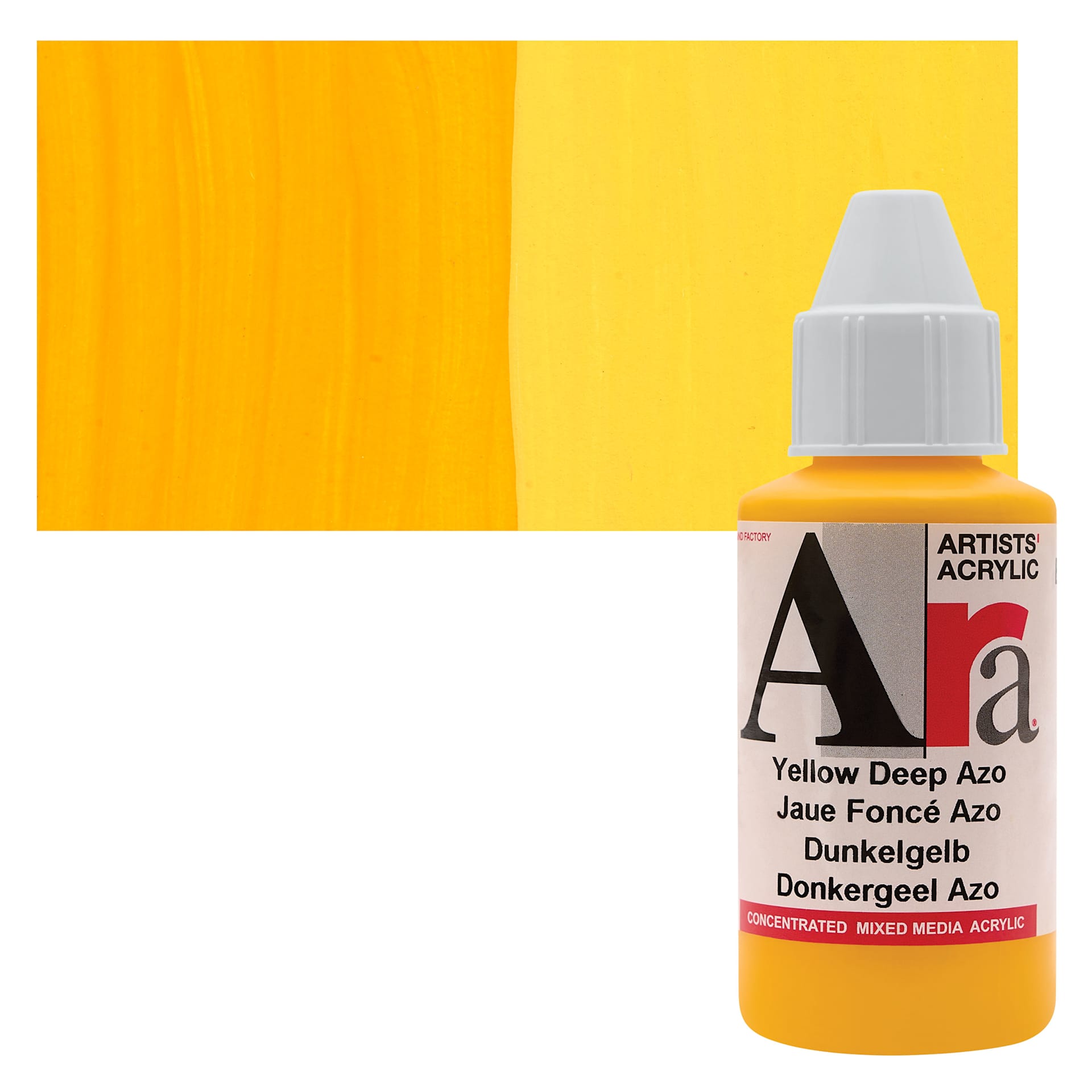 Ara Artists’ Acrylic Paint - Yellow Deep Azo, 100 ml bottle and swatch