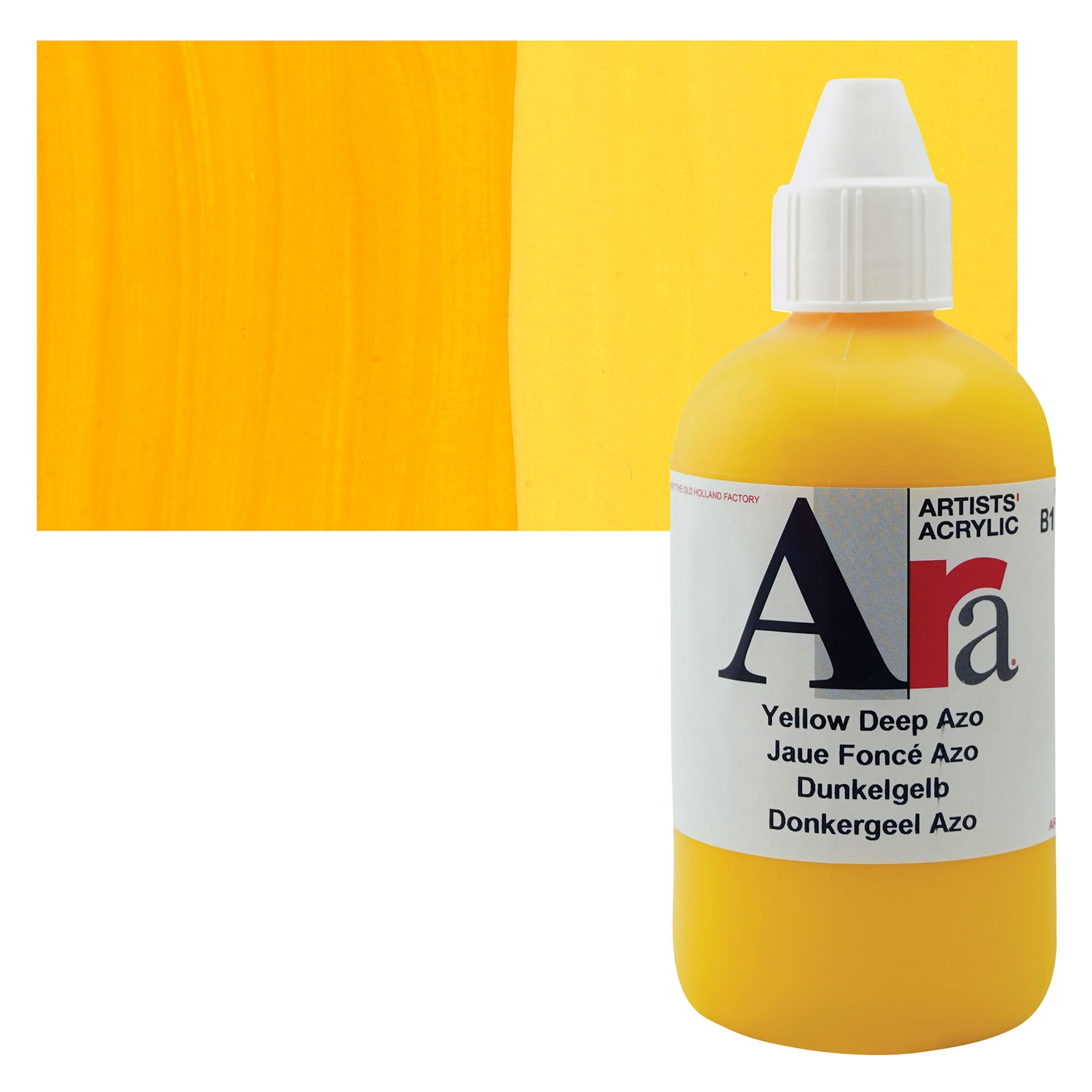Ara Artists’ Acrylic Paint - Yellow Deep Azo, 250 ml bottle and swatch
