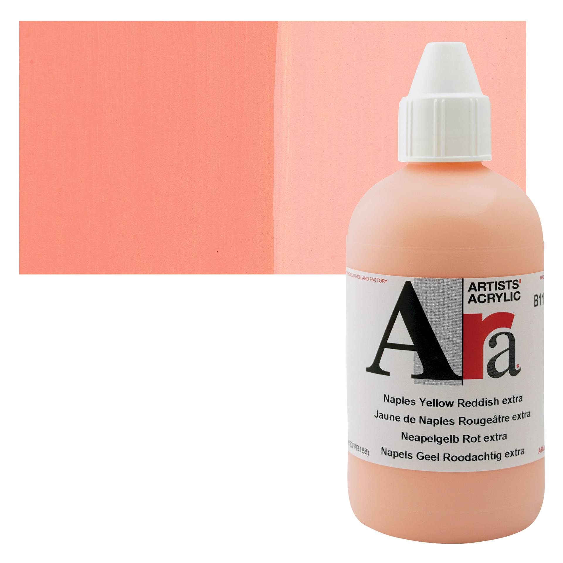 Ara Artists’ Acrylic Paint - Naples Yellow Reddish Extra, 250 ml bottle and swatch