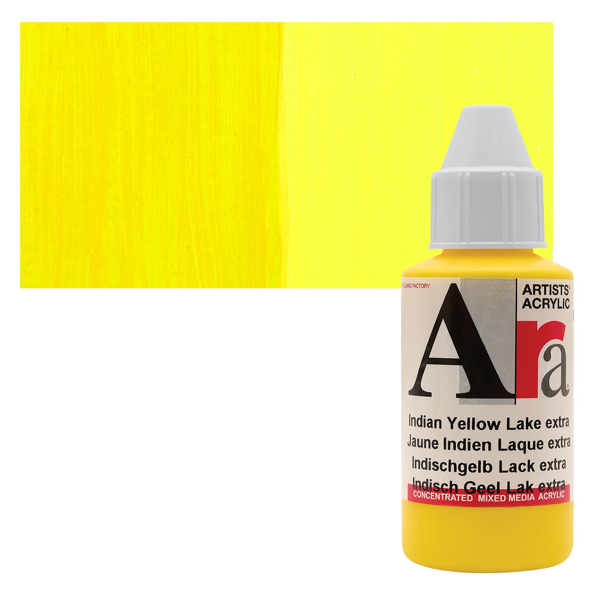 Ara Artists’ Acrylic Paint - Indian Yellow Lake Extra, 100 ml bottle and swatch