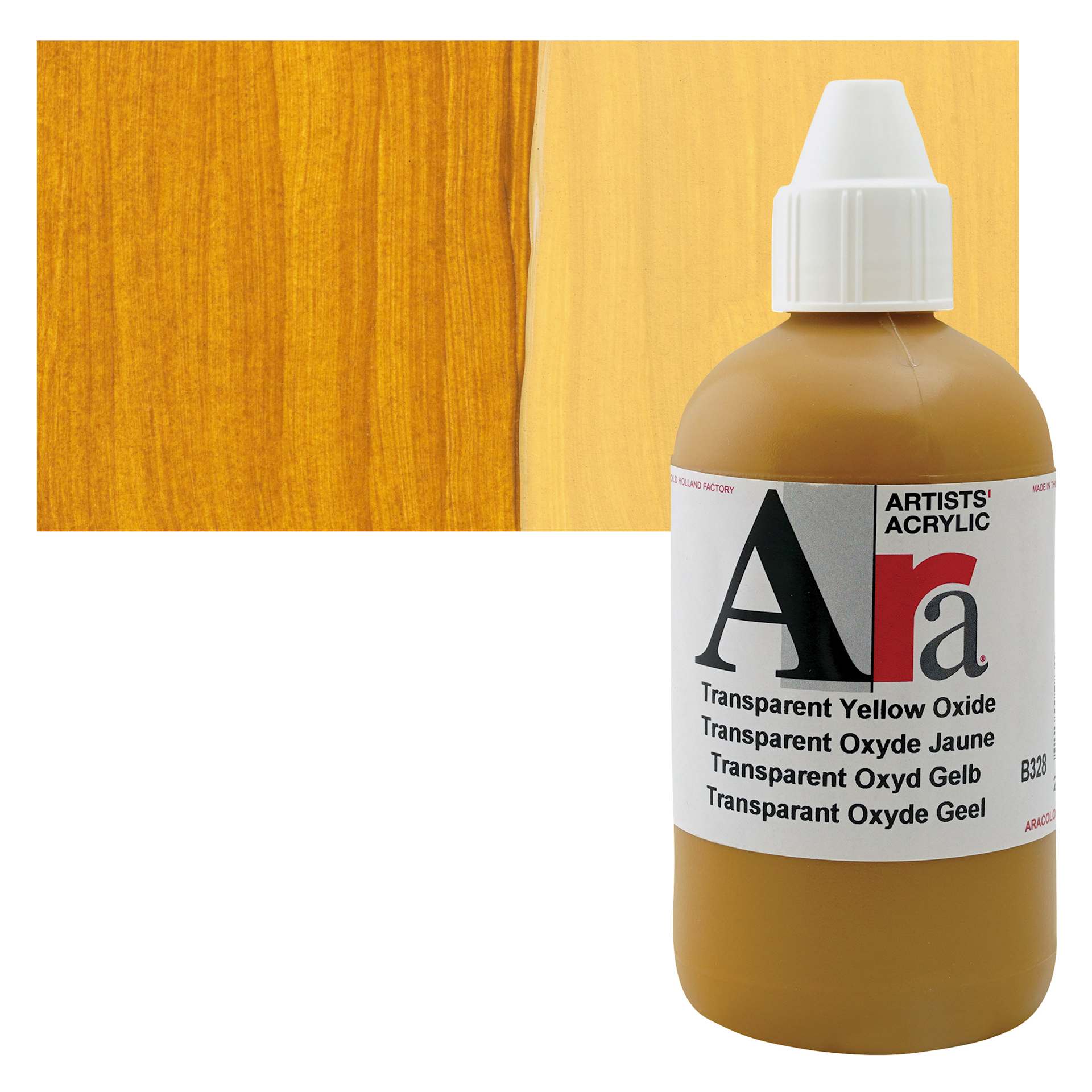 Ara Artists’ Acrylic Paint - Transparent Yellow Oxide, 250 ml bottle and swatch
