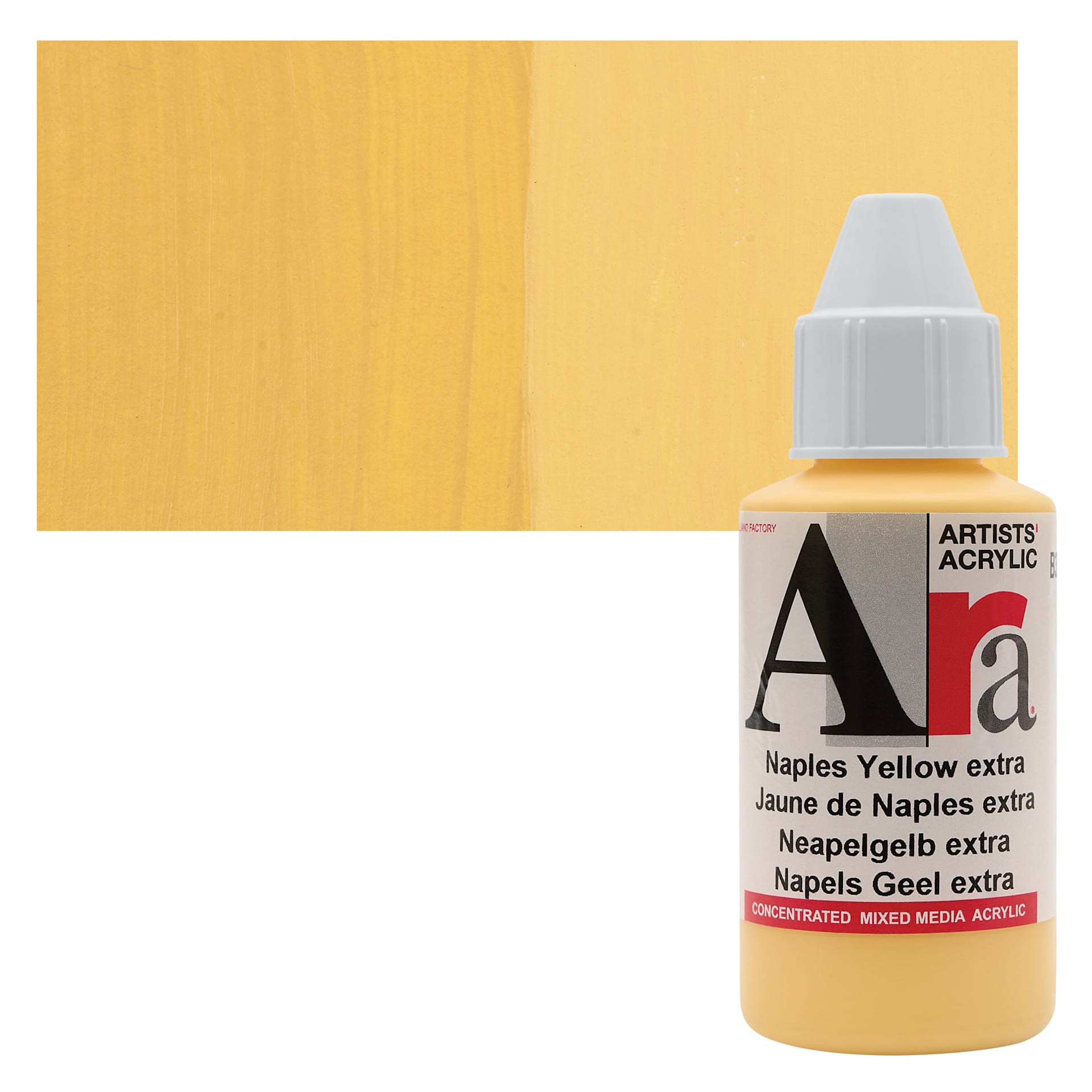 Ara Artists’ Acrylic Paint - Naples Yellow Extra, 100 ml bottle and swatch