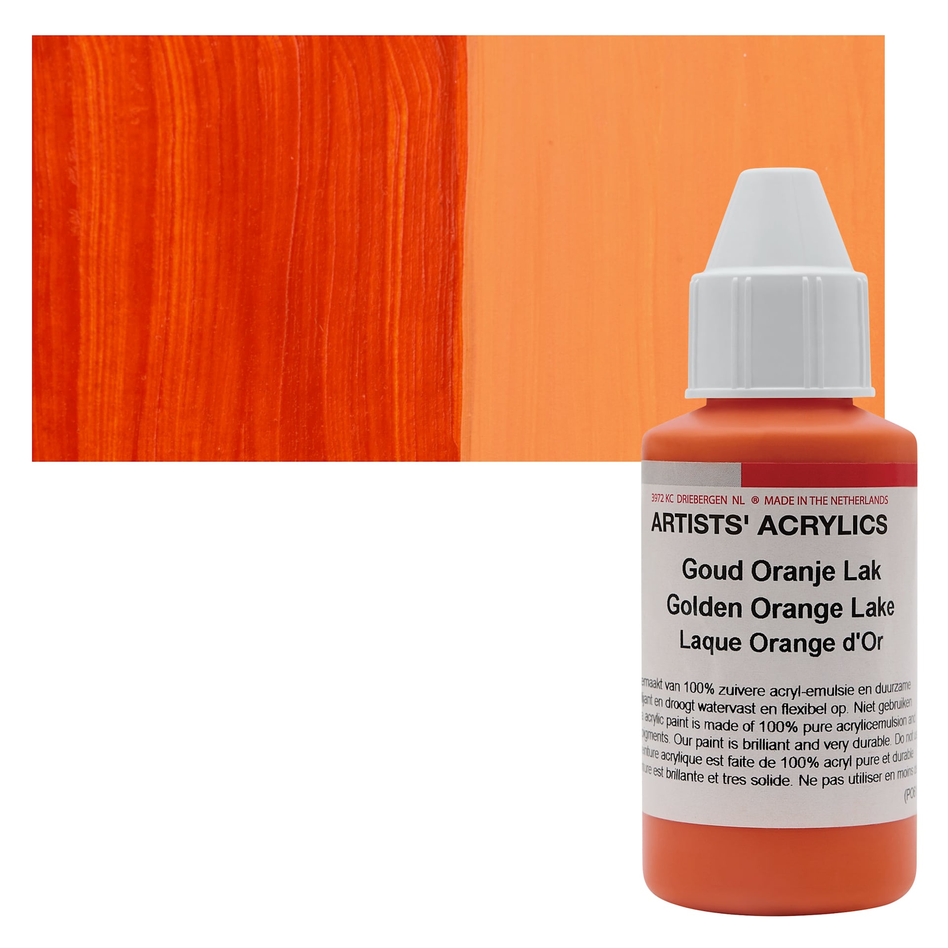 Ara Artists’ Acrylic Paint - Golden Orange Lake, 100 ml bottle and swatch