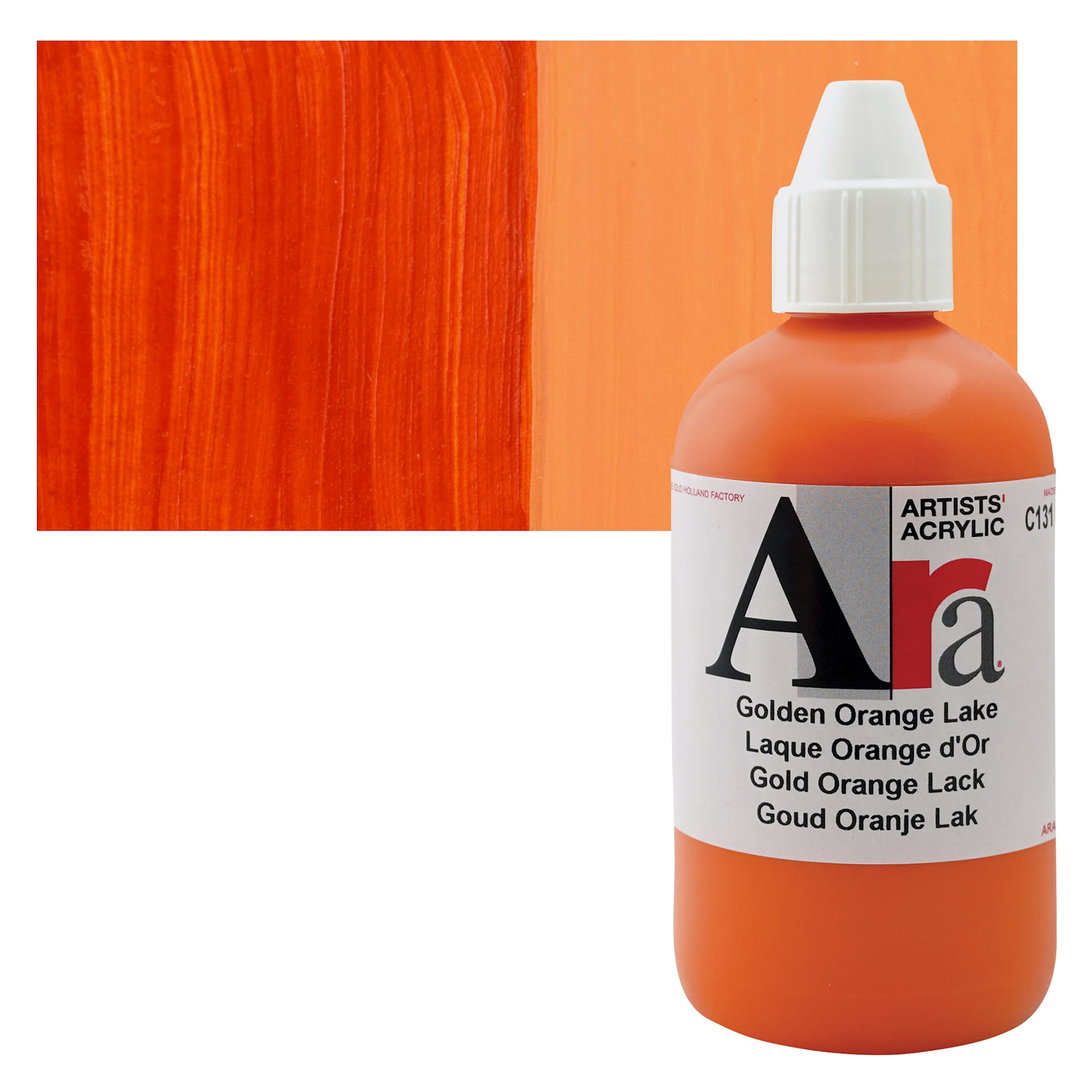 Ara Artists’ Acrylic Paint - Golden Orange Lake, 250 ml bottle and swatch