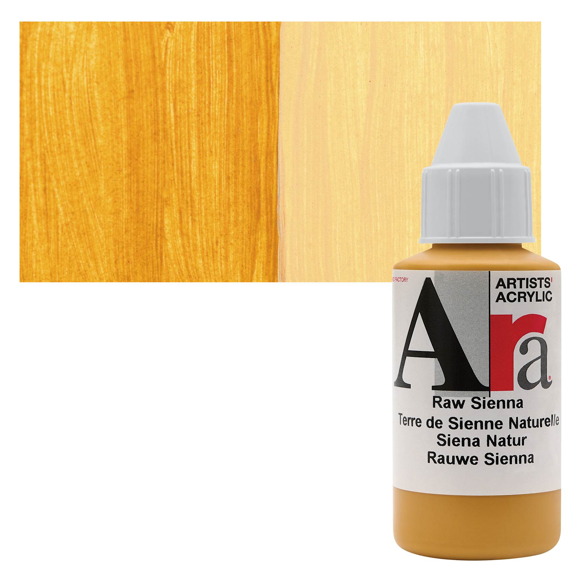 Ara Artists’ Acrylic Paint - Raw Sienna, 100 ml bottle and swatch