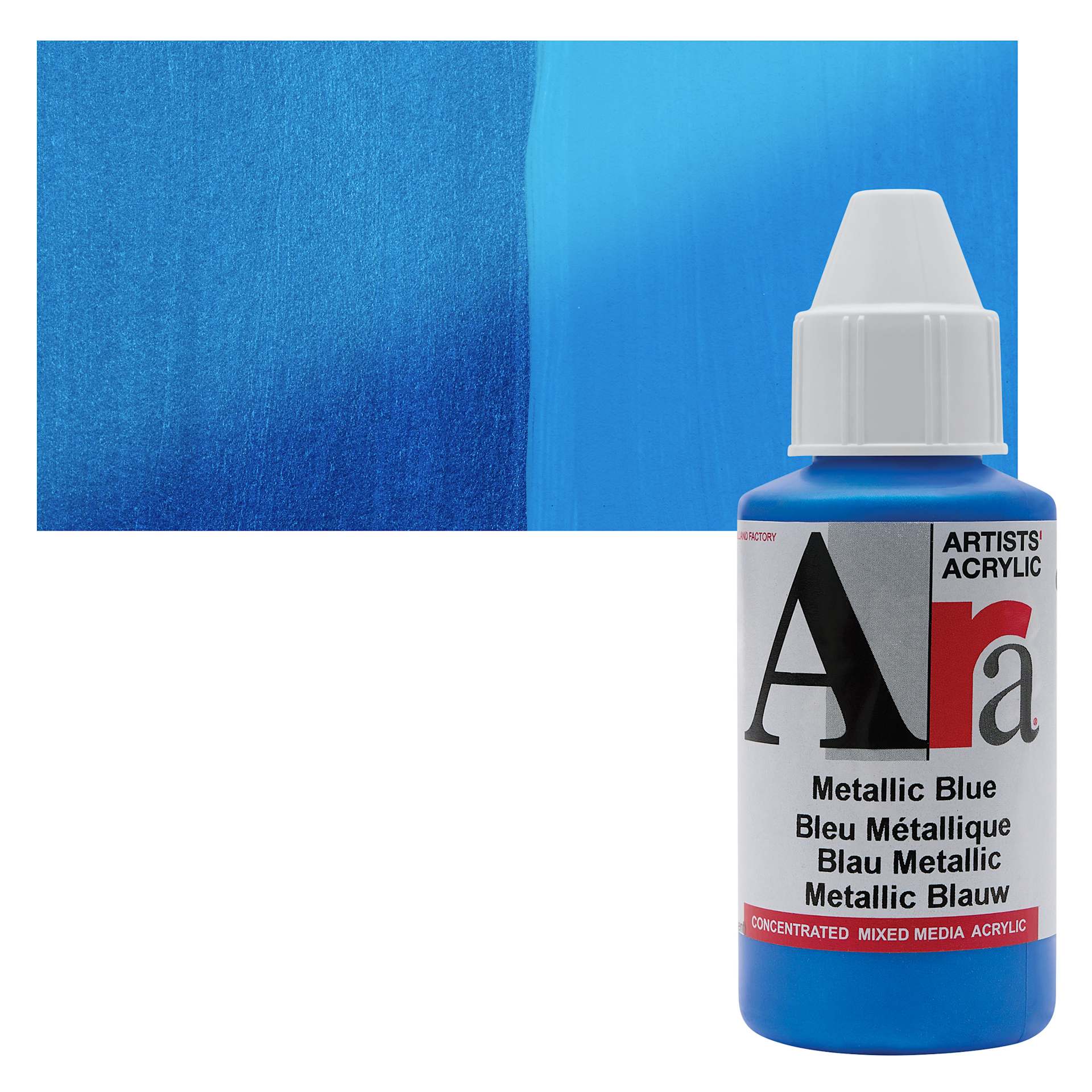 Ara Artists’ Acrylic Paint - Metallic Blue, 100 ml bottle and swatch