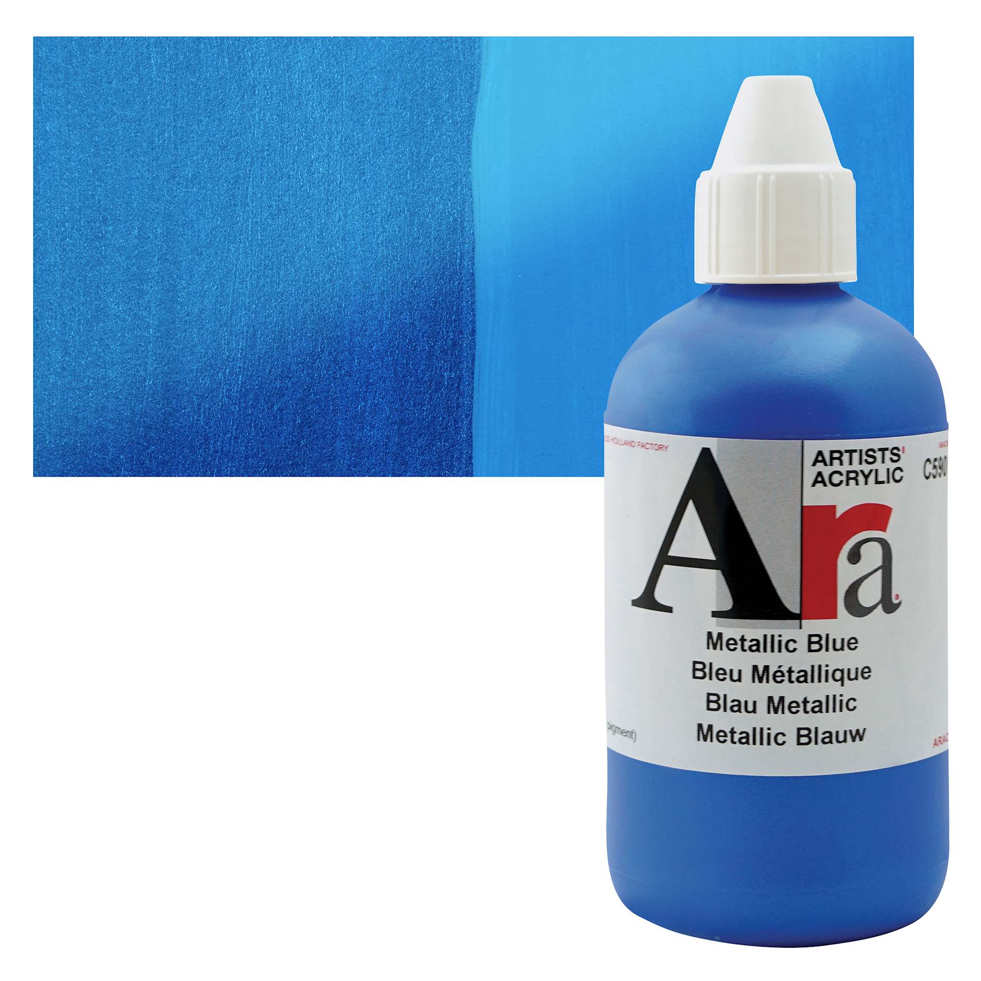 Ara Artists’ Acrylic Paint - Metallic Blue, 250 ml bottle and swatch