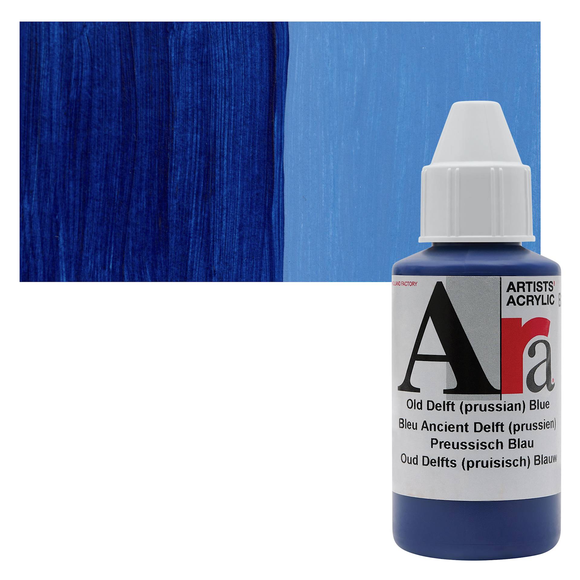 Ara Artists’ Acrylic Paint - Old Delft (Prussian) Blue, 100 ml bottle and swatch