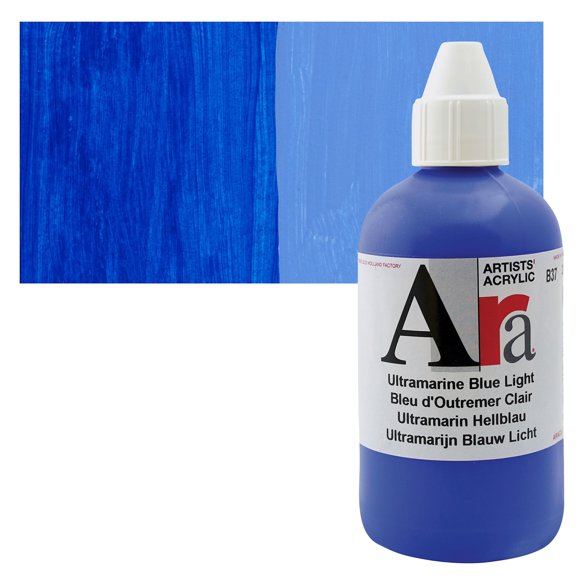 Ara Artists’ Acrylic Paint - Ultramarine Blue Light, 250 ml bottle and swatch