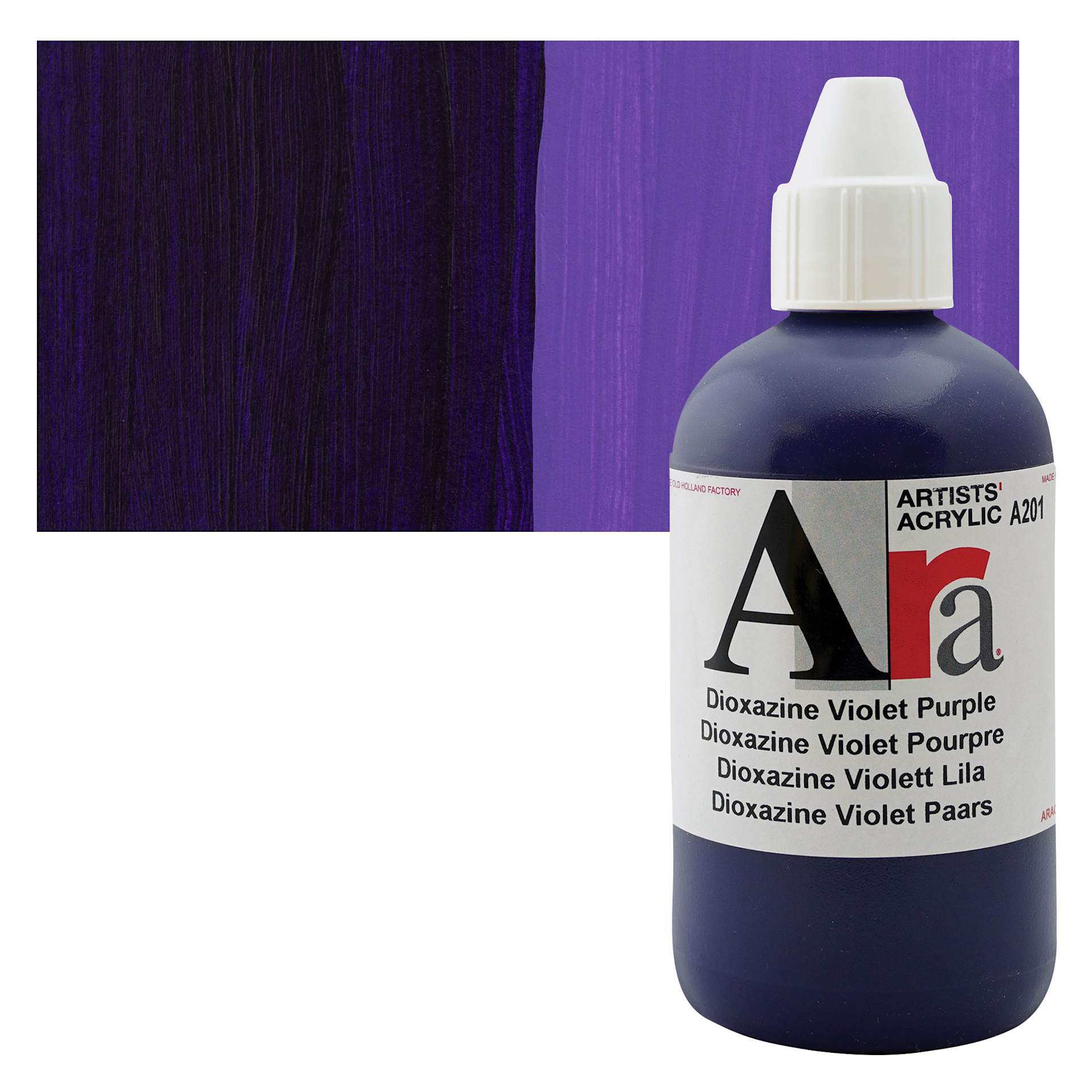 Ara Artists’ Acrylic Paint - Dioxazine Violet Purple, 250 ml bottle and swatch