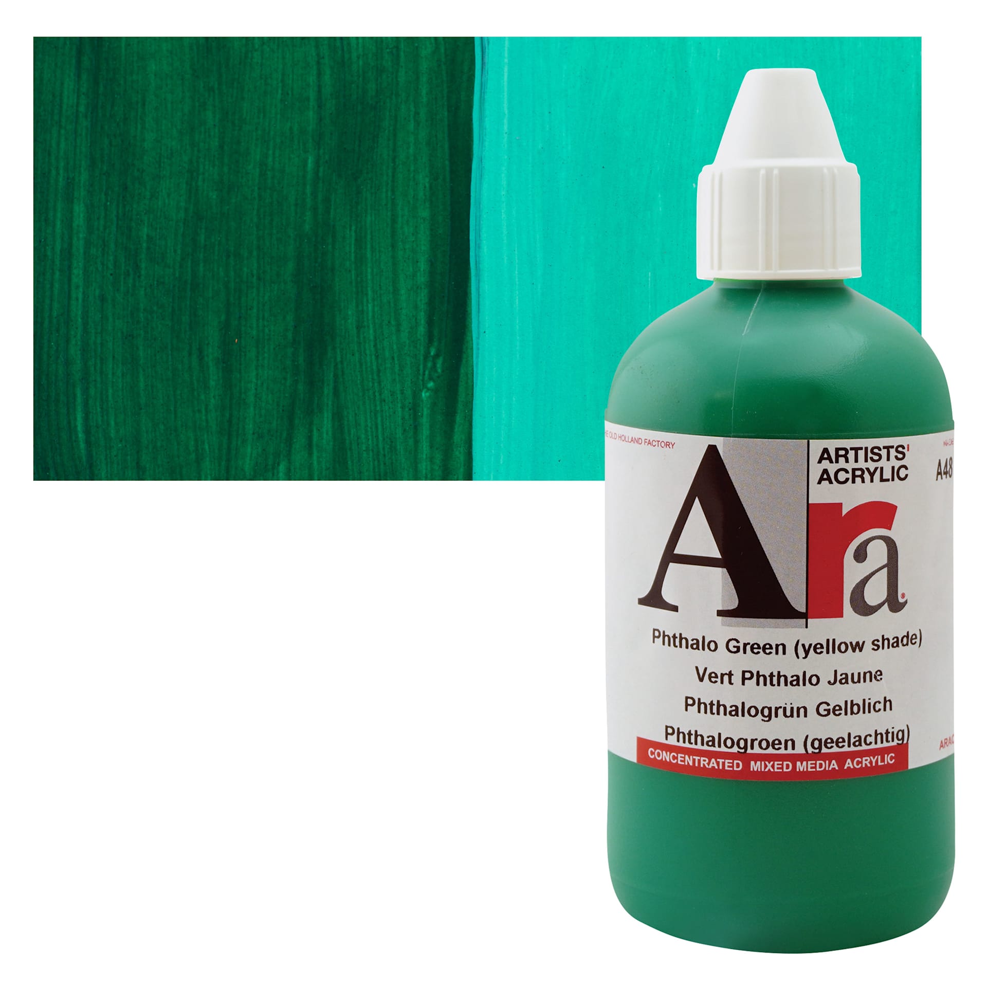 Ara Artists’ Acrylic Paint - Phthalo Green Yellow Shade, 250 ml bottle and swatch