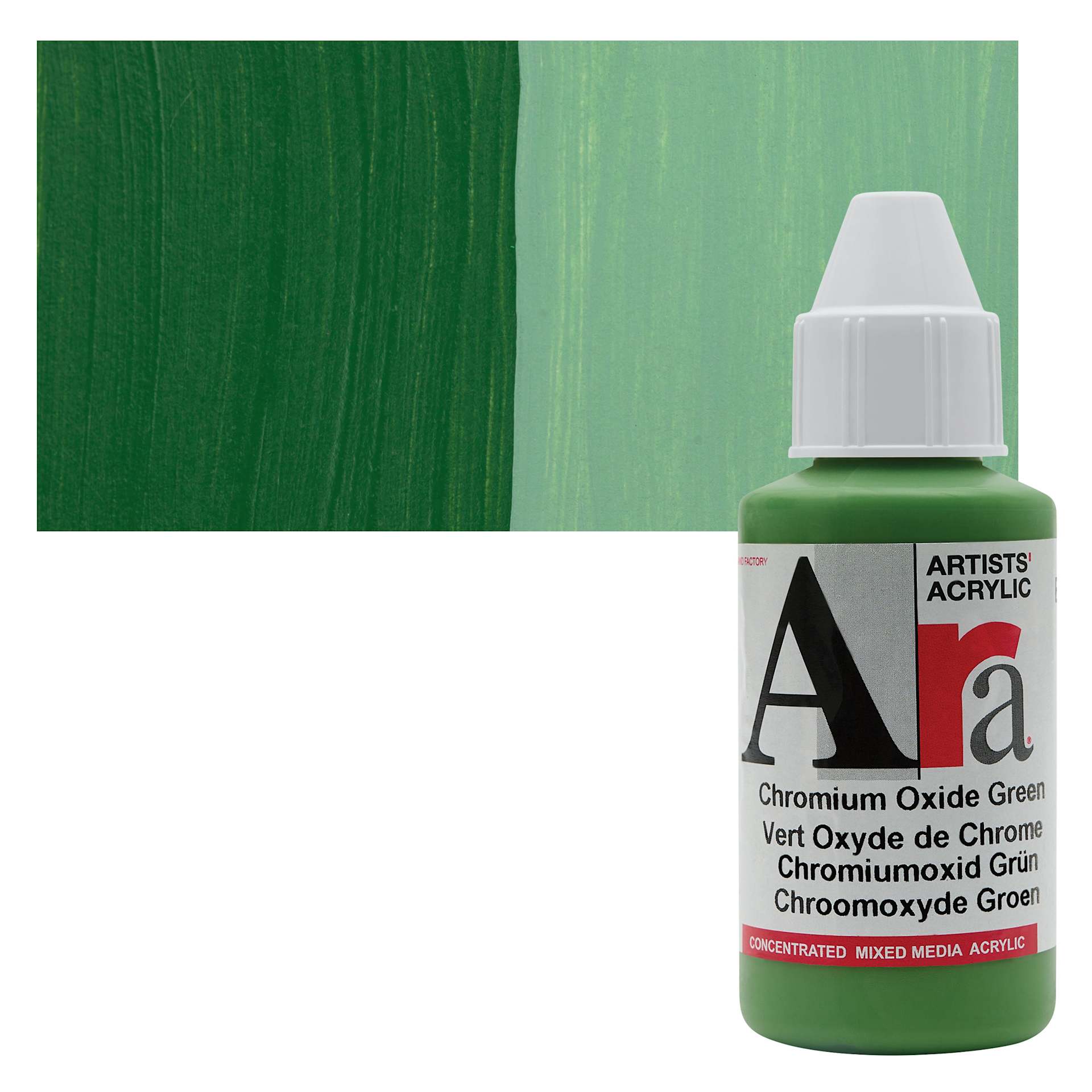 Ara Artists’ Acrylic Paint - Chromium Oxide Green, 100 ml bottle and swatch