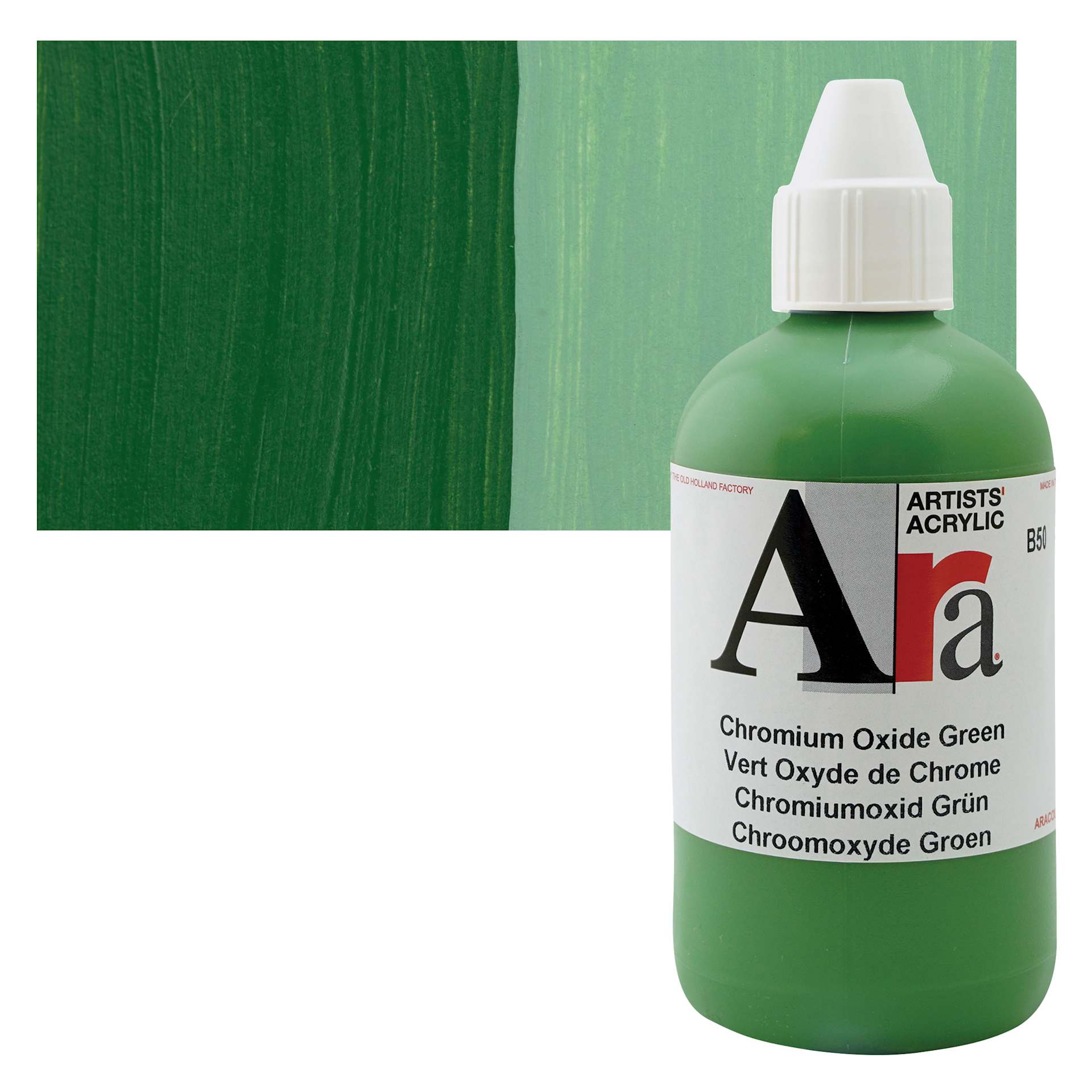 Ara Artists’ Acrylic Paint - Chromium Oxide Green, 250 ml bottle and swatch