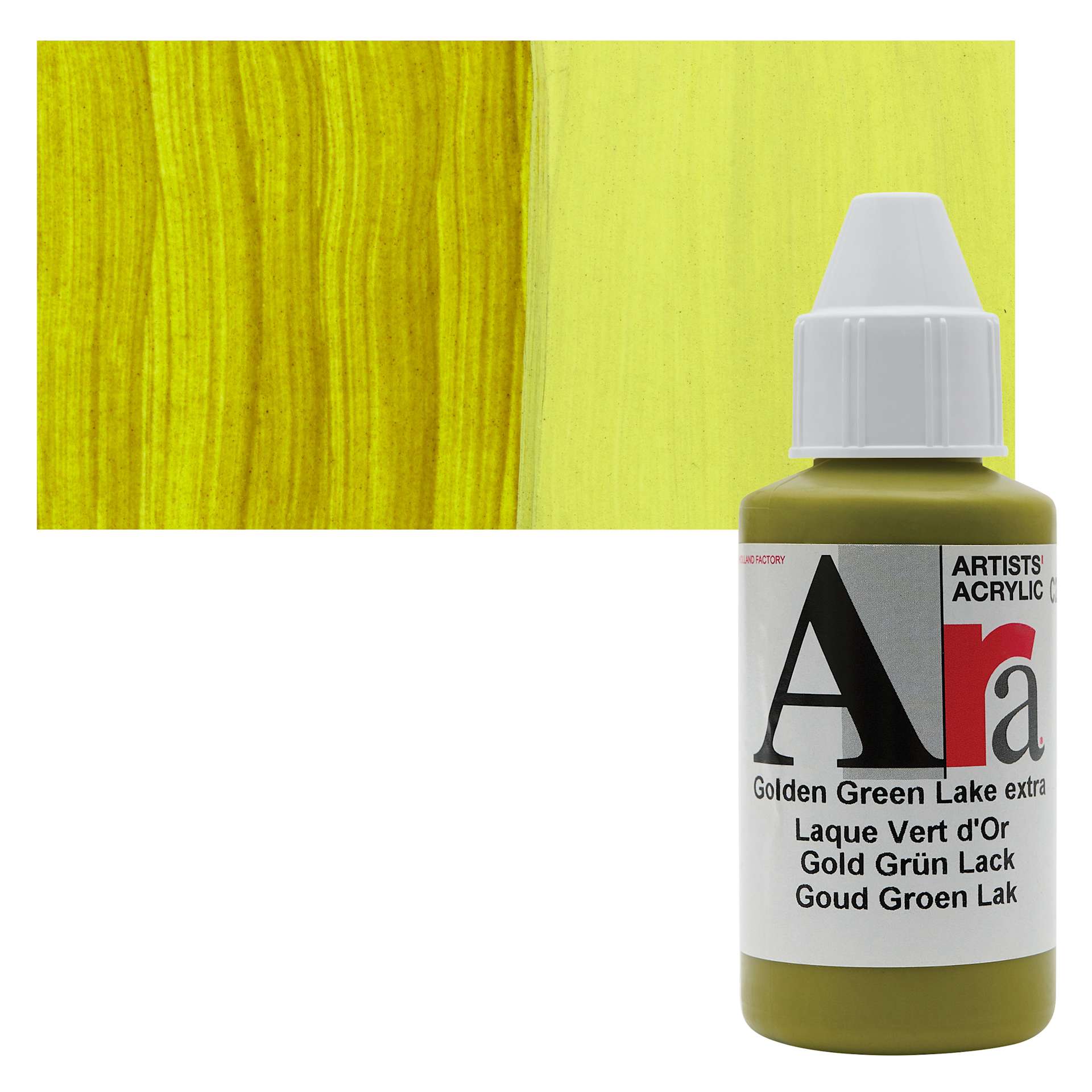Ara Artists’ Acrylic Paint - Golden Green Lake, 100 ml bottle and swatch