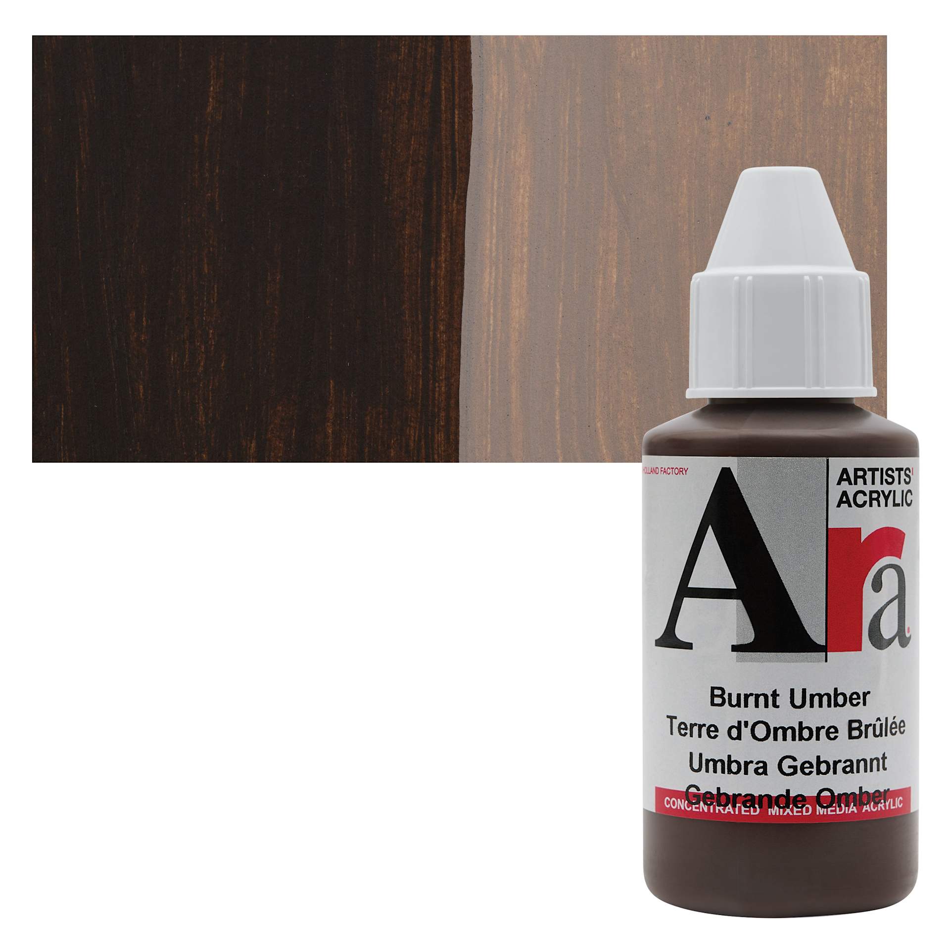Ara Artists’ Acrylic Paint - Burnt Umber, 100 ml bottle and swatch