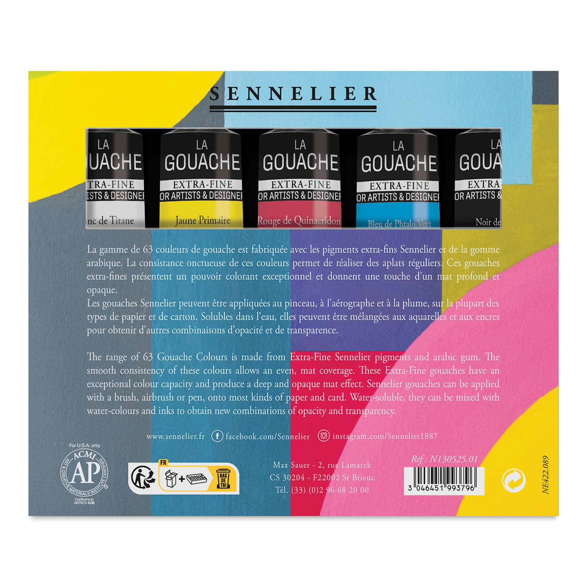 Sennelier Extra Fine Gouache - Set of 5, Primary Colors, 21 ml Tubes, back of packaging