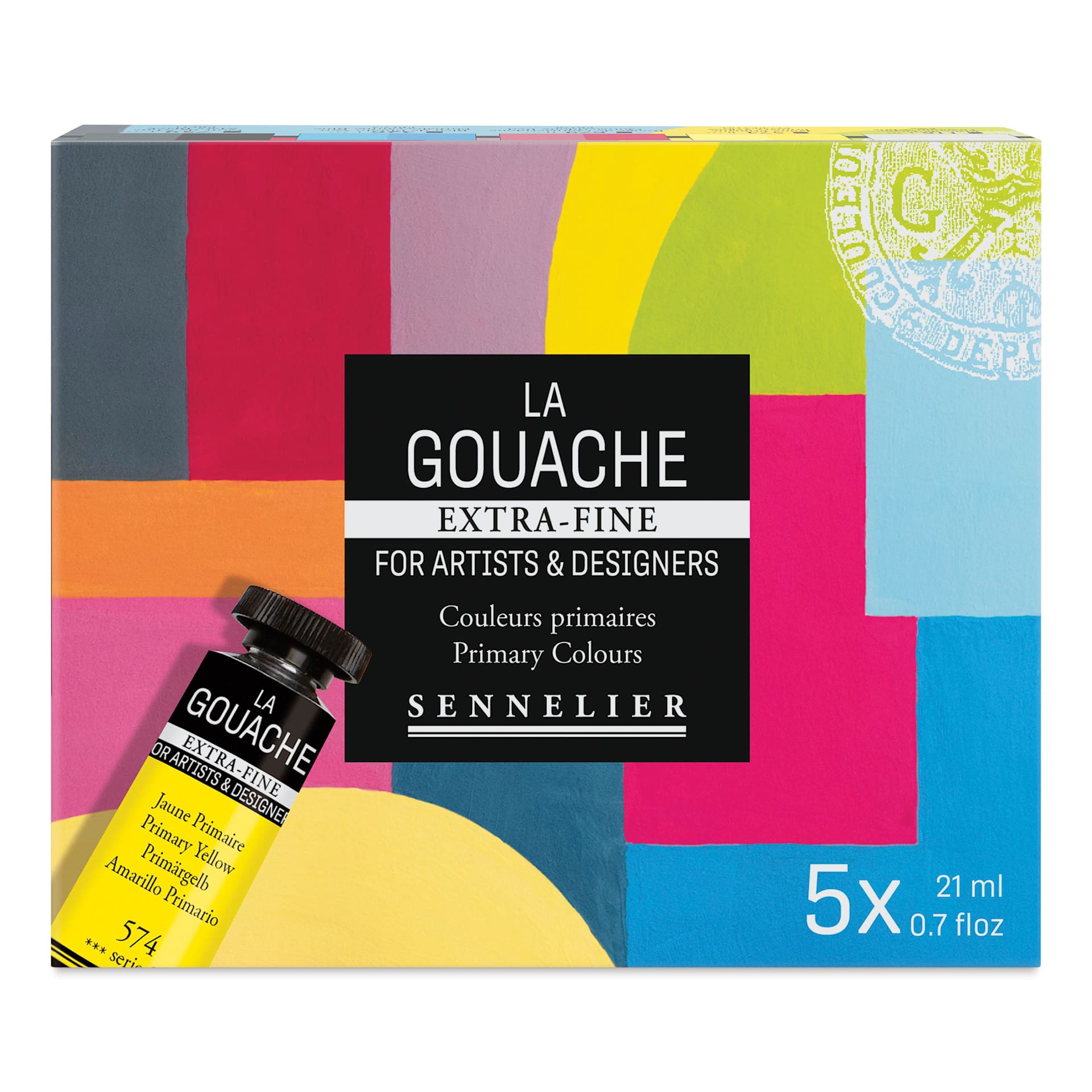 Sennelier Extra Fine Gouache - Set of 5, Primary Colors, 21 ml Tubes, front of packaging