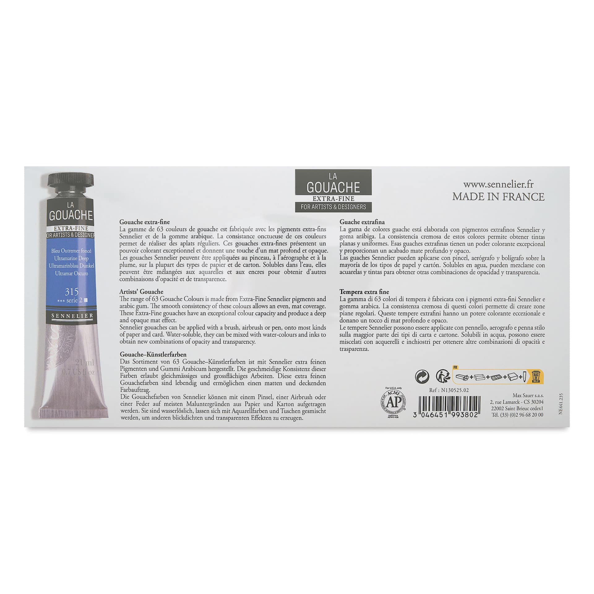 Sennelier Extra Fine Gouache - Set of 10, Assorted, 21 ml Tubes, back of packaging