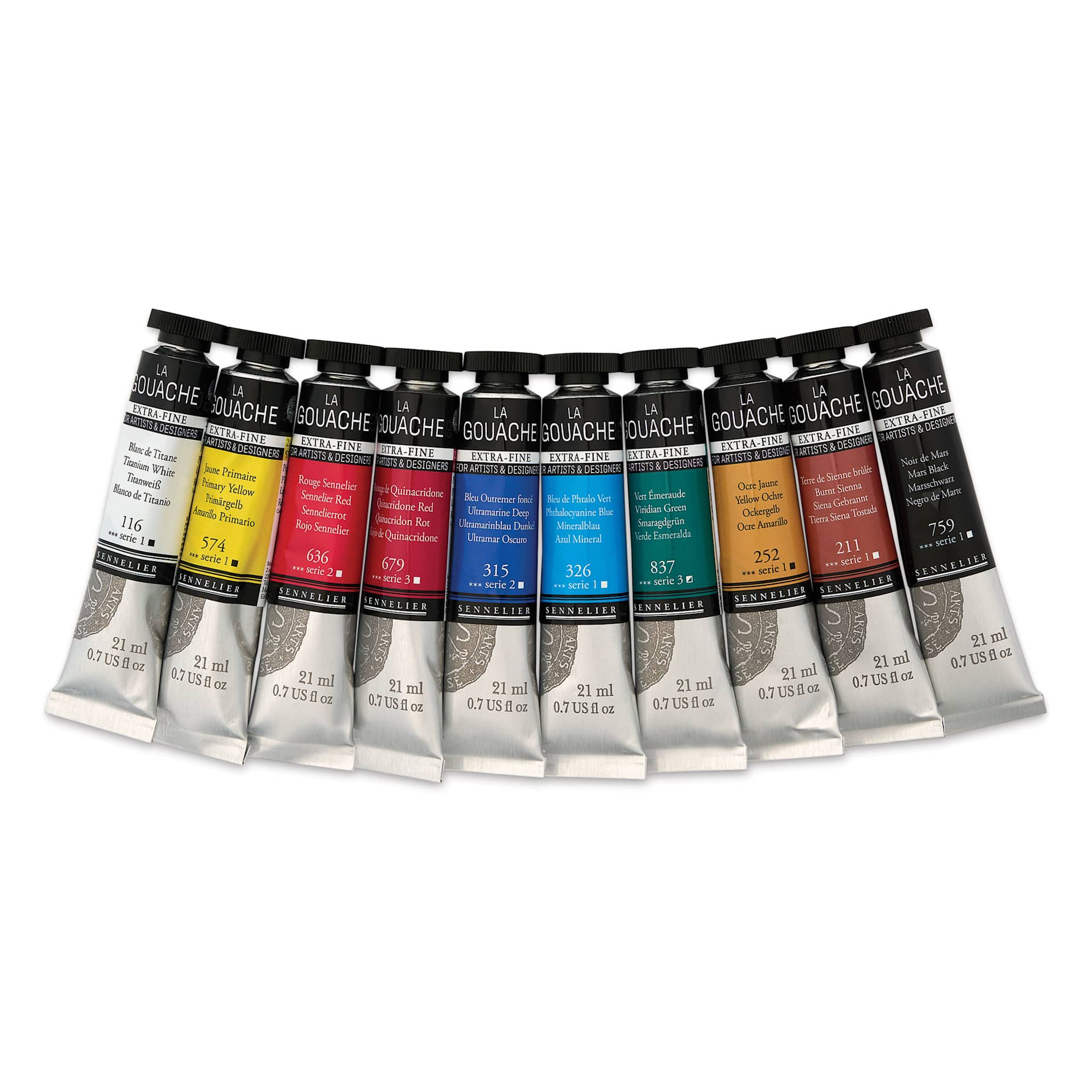Sennelier Extra Fine Gouache - Set of 10, Assorted, 21 ml Tubes, contents