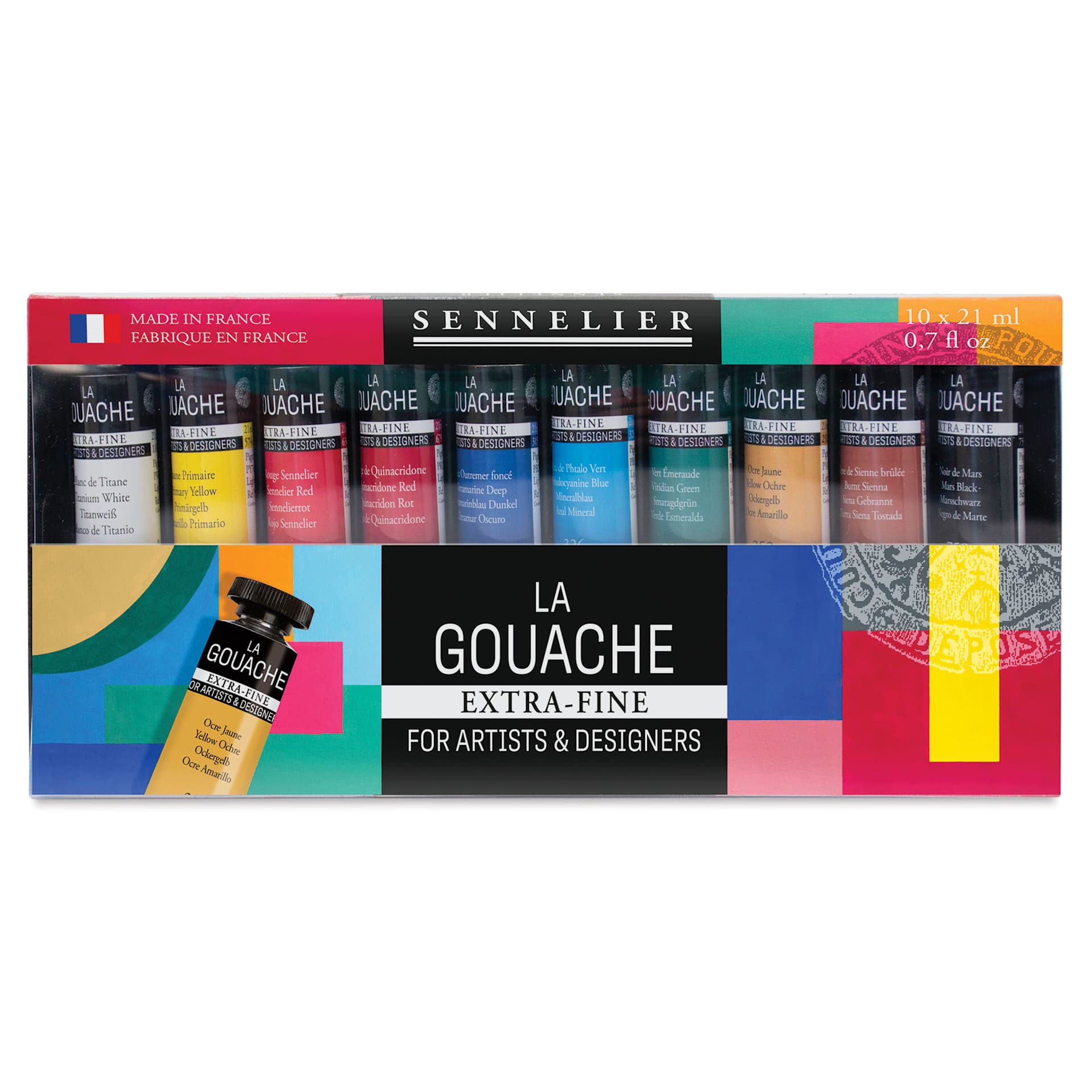 Sennelier Extra Fine Gouache - Set of 10, Assorted, 21 ml Tubes, front of packaging