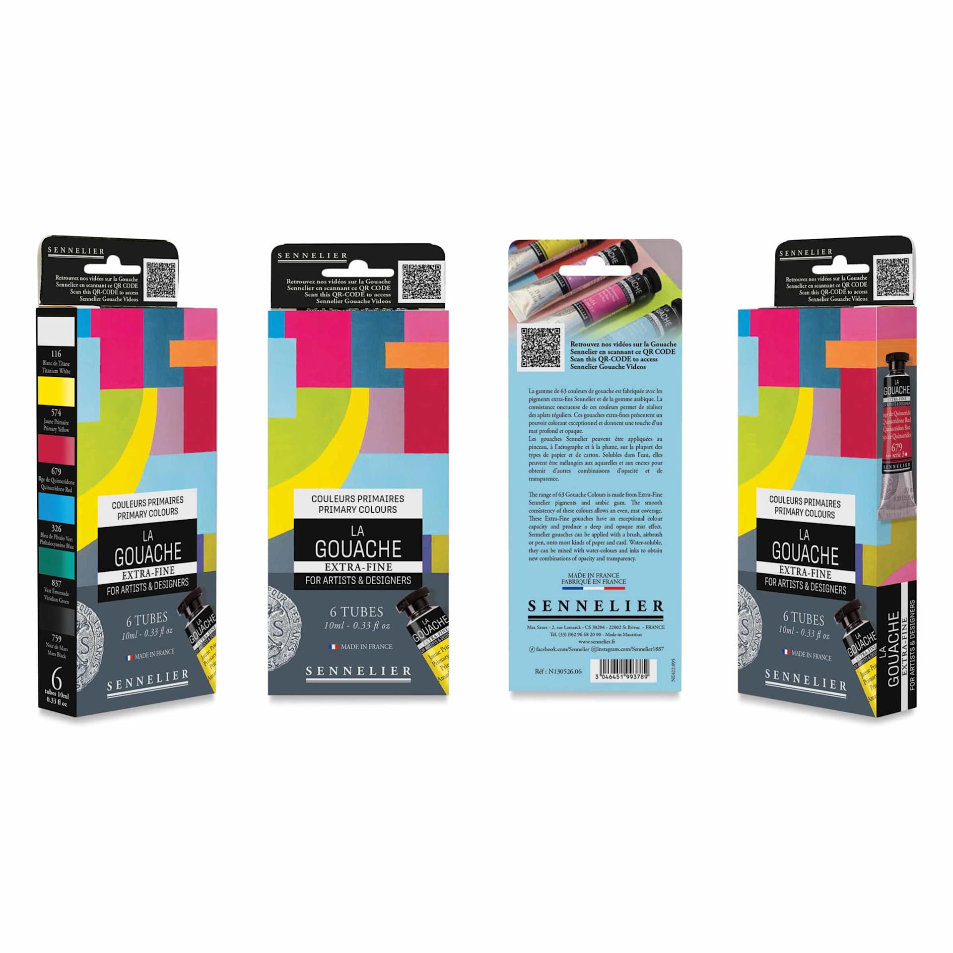 Sennelier Extra Fine Gouache - Set of 6, Primary Colors, 10 ml Tubes, four sides of the package
