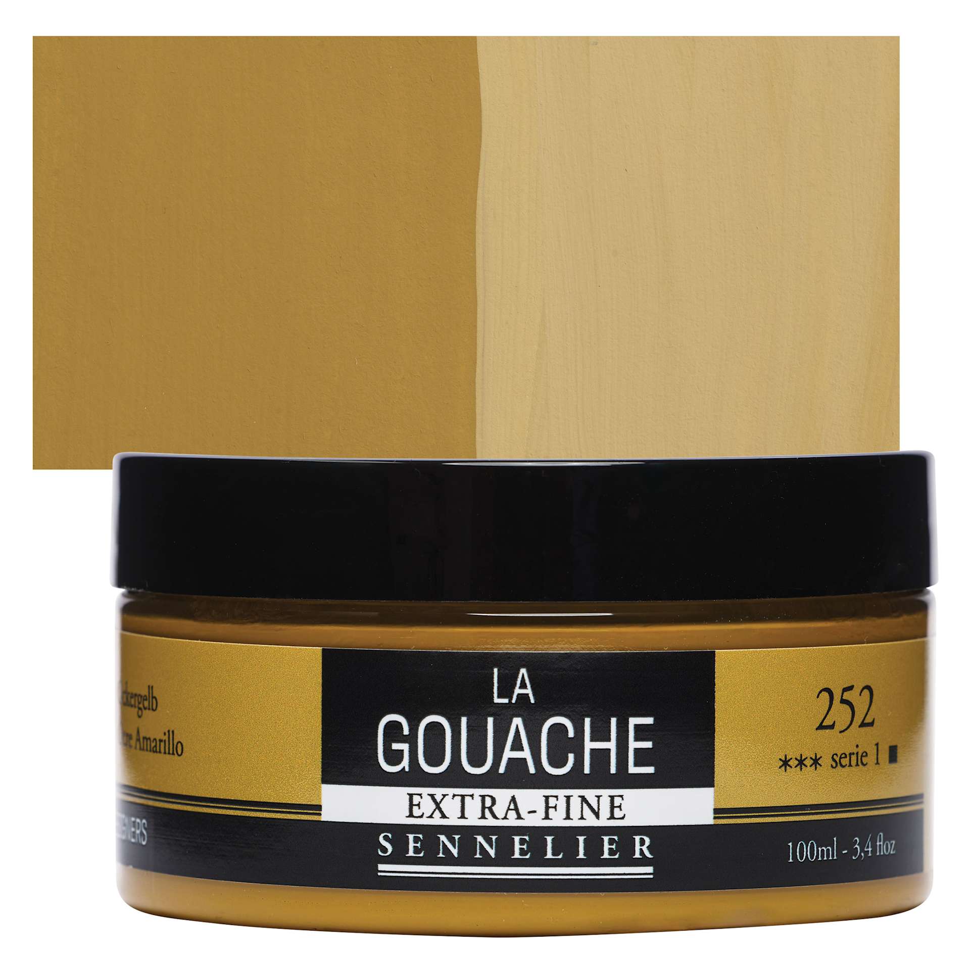 Sennelier Extra Fine Gouache - Yellow Ochre, 100 ml Jar and swatch