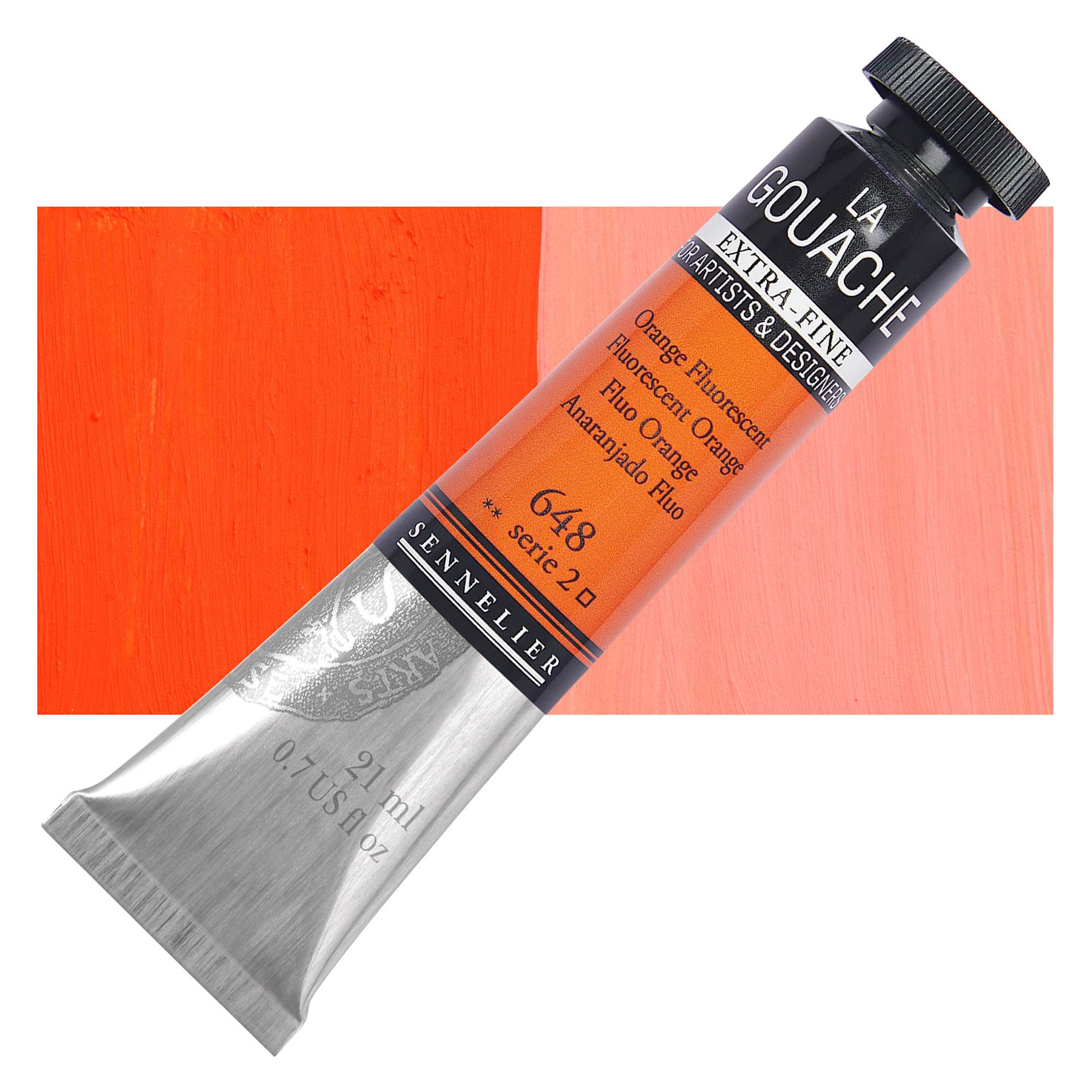 Sennelier Extra Fine Gouache - Fluorescent Orange, 21 ml Tube and swatch