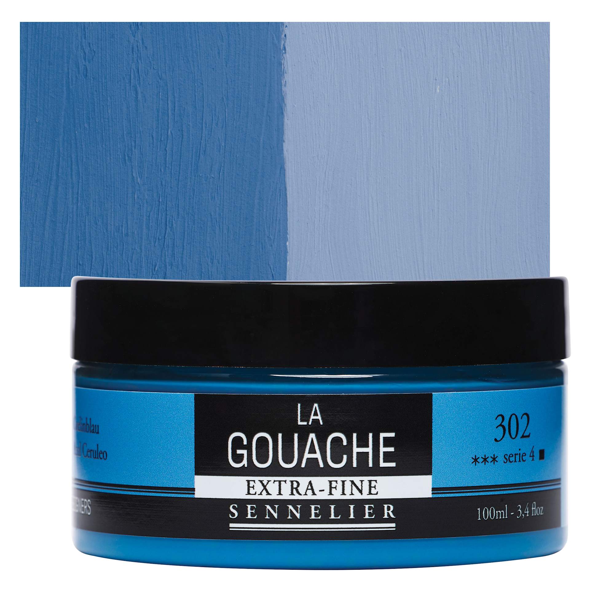 Sennelier Extra Fine Gouache - Cerulean Blue, 100 ml Jar and swatch