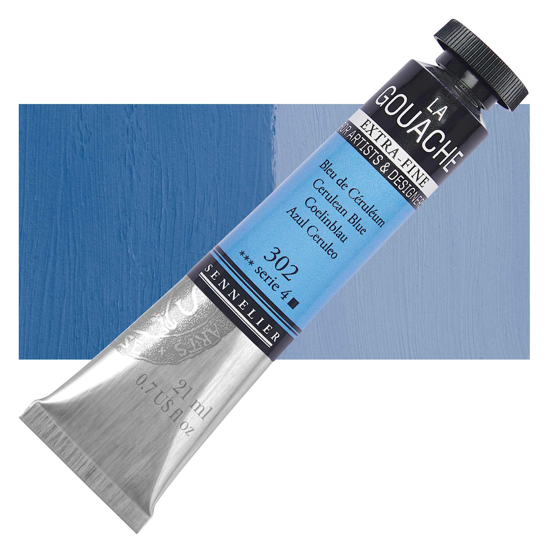 Sennelier Extra Fine Gouache - Cerulean Blue, 21 ml Tube and swatch