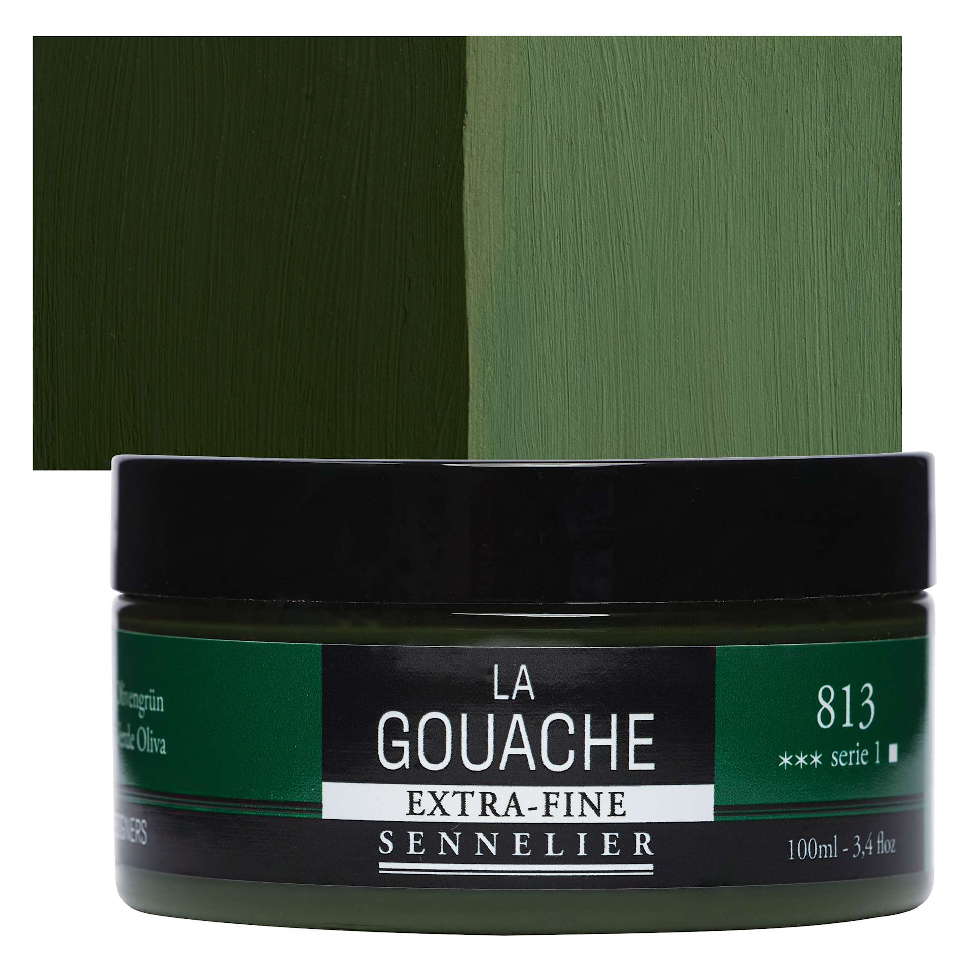 Sennelier Extra Fine Gouache - Olive Green, 100 ml Jar and swatch