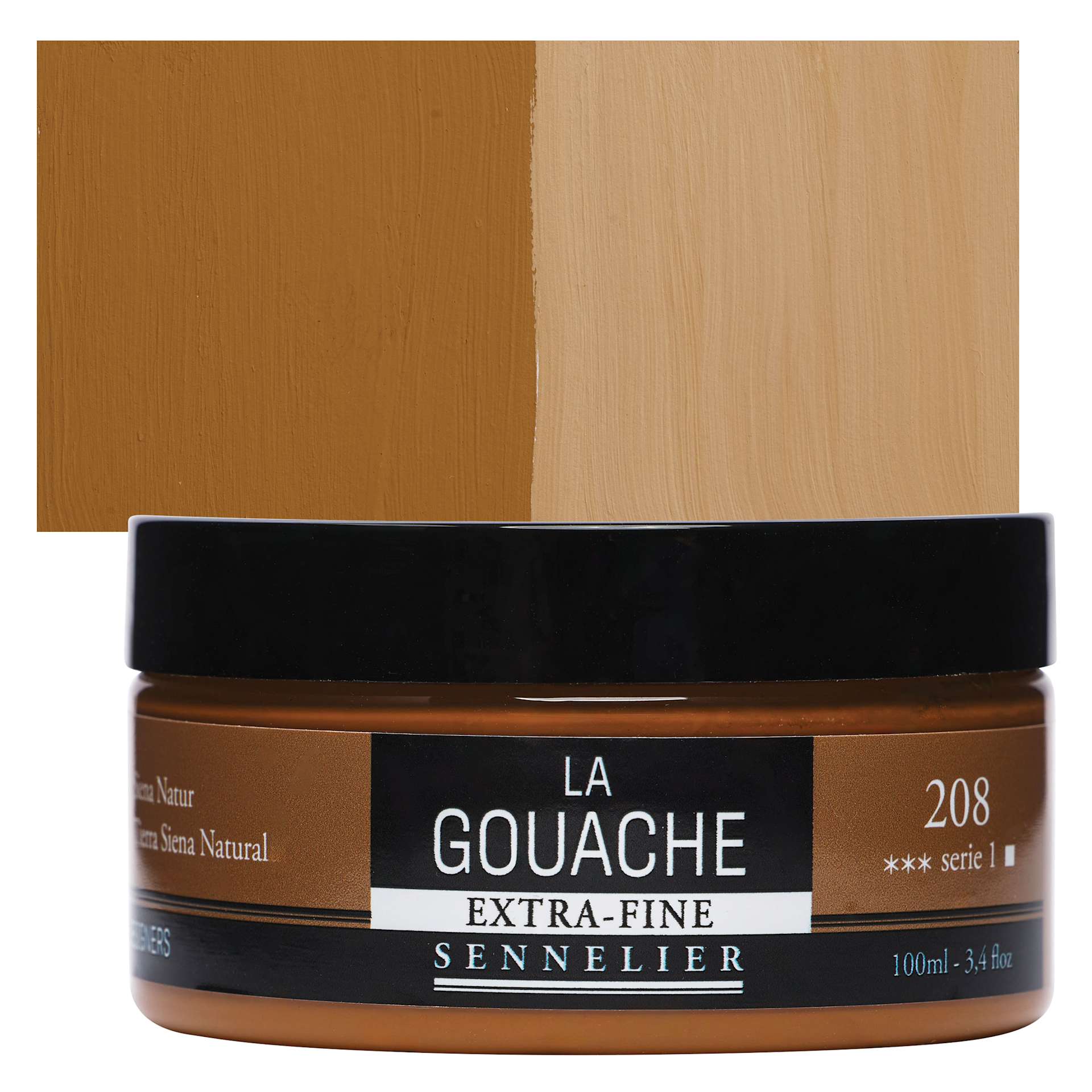 Sennelier Extra Fine Gouache - Raw Sienna, 100 ml Jar and swatch