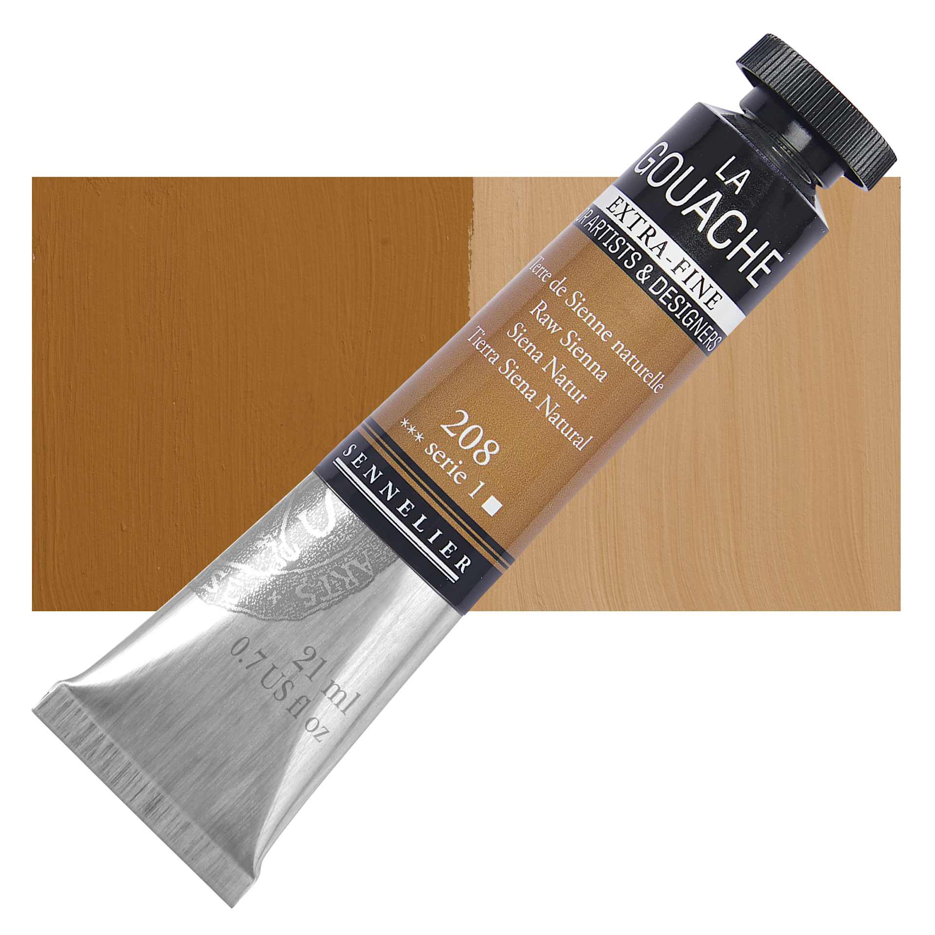 Sennelier Extra Fine Gouache - Raw Sienna, 21 ml Tube and swatch