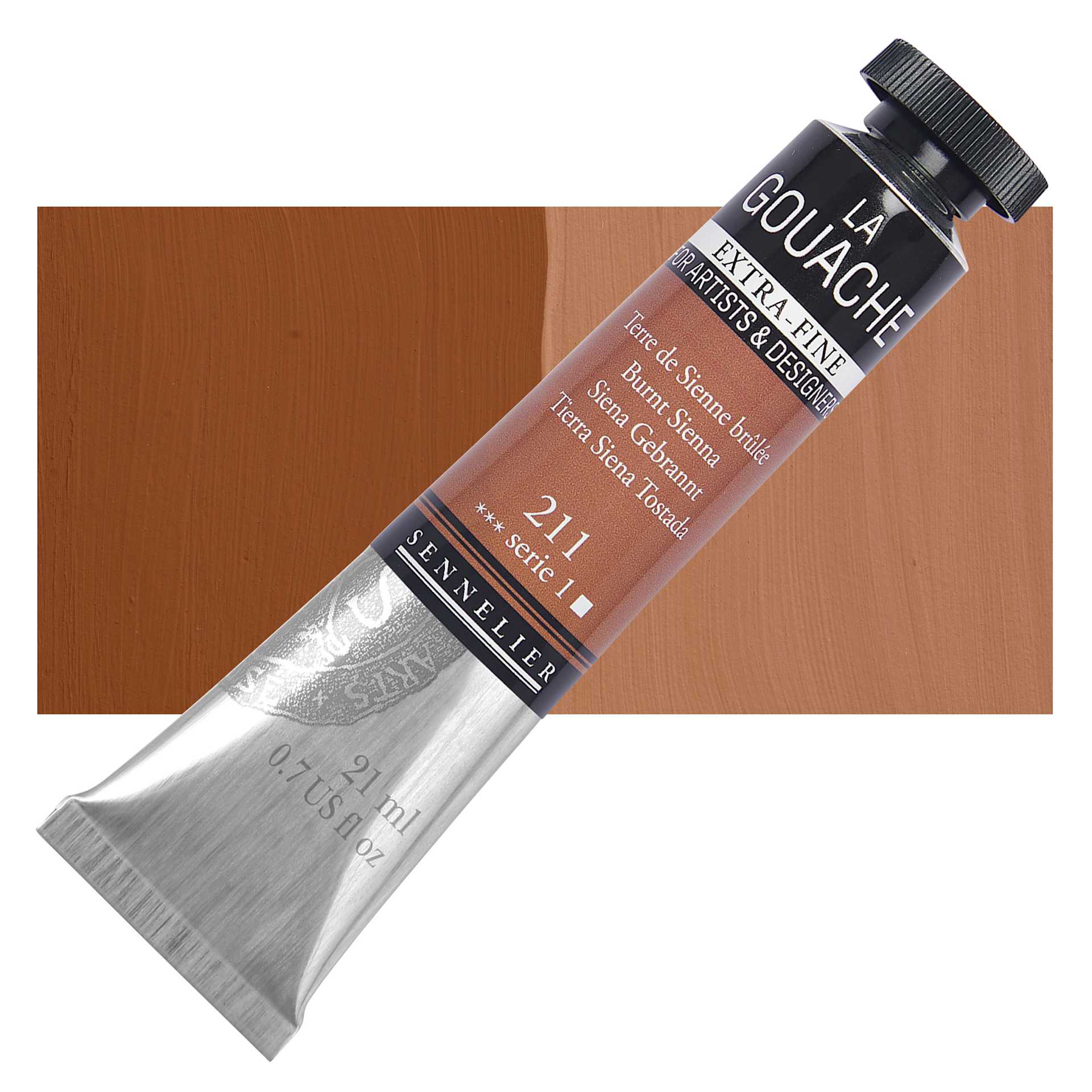 Sennelier Extra Fine Gouache - Burnt Sienna, 21 ml Tube and swatch