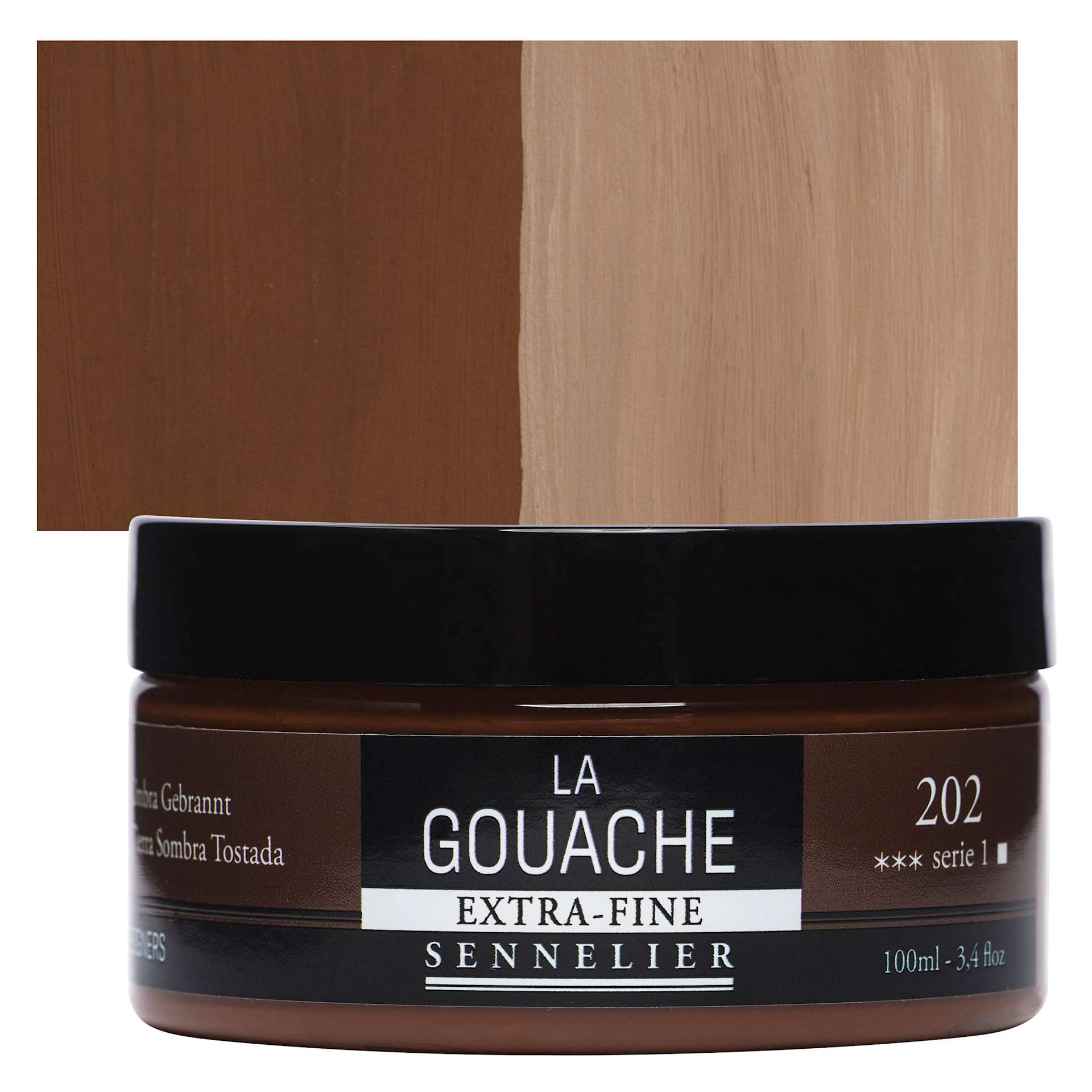 Sennelier Extra Fine Gouache - Burnt Umber, 100 ml Jar and swatch
