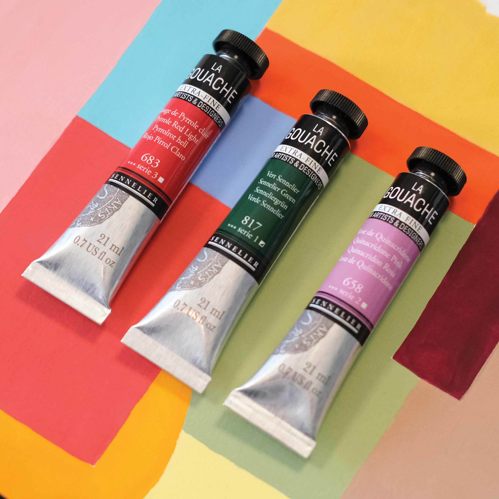 Sennelier Extra Fine Gouache Tubes on squares of painted gouache.