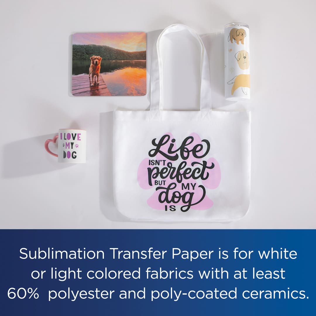 Sublimation Transfer Paper is for white or light-colored fabrics with at least 60% polyester and poly-coated ceramics.