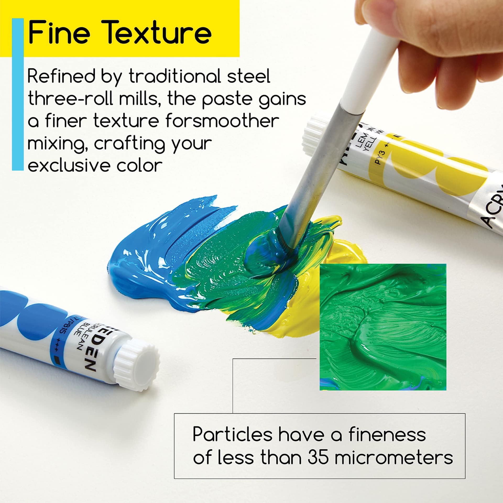 Fine texture. Refined by traditional steel three-roll mills, the paste gains a finer texture for smoothing mixing, crafting your exclusive color. Particles have a fineness of less than 35 micrometers.