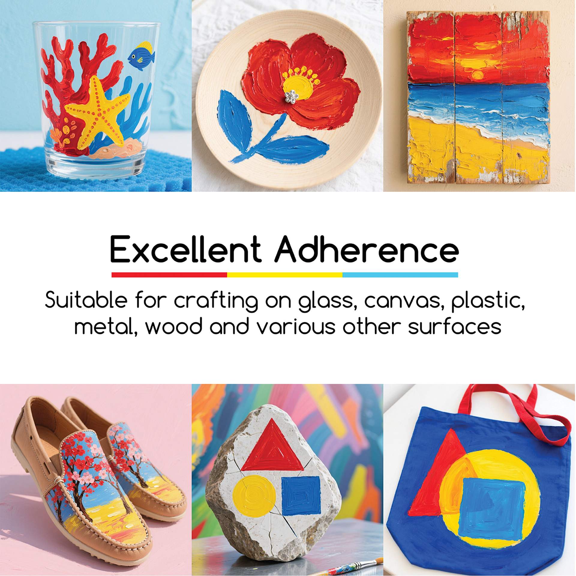 Excellent adherence. Suitable for crafting on glass, canvas, plastic, metal, wood, and various other surfaces