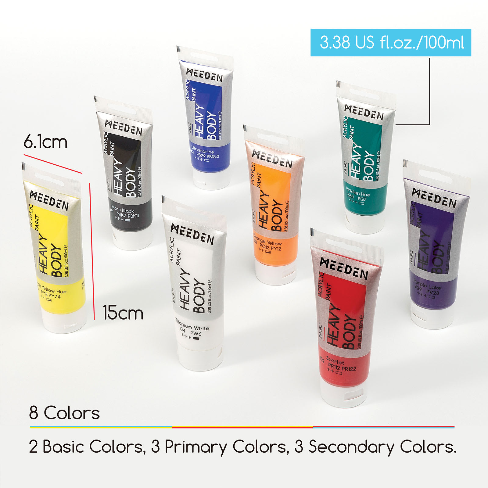 6.1 cm x 15 cm tube size, 3.38 U.S. Fluid ounces/100 ml. 8 colors, 2 basic colors, 3 primary colors, and 3 secondary colors.