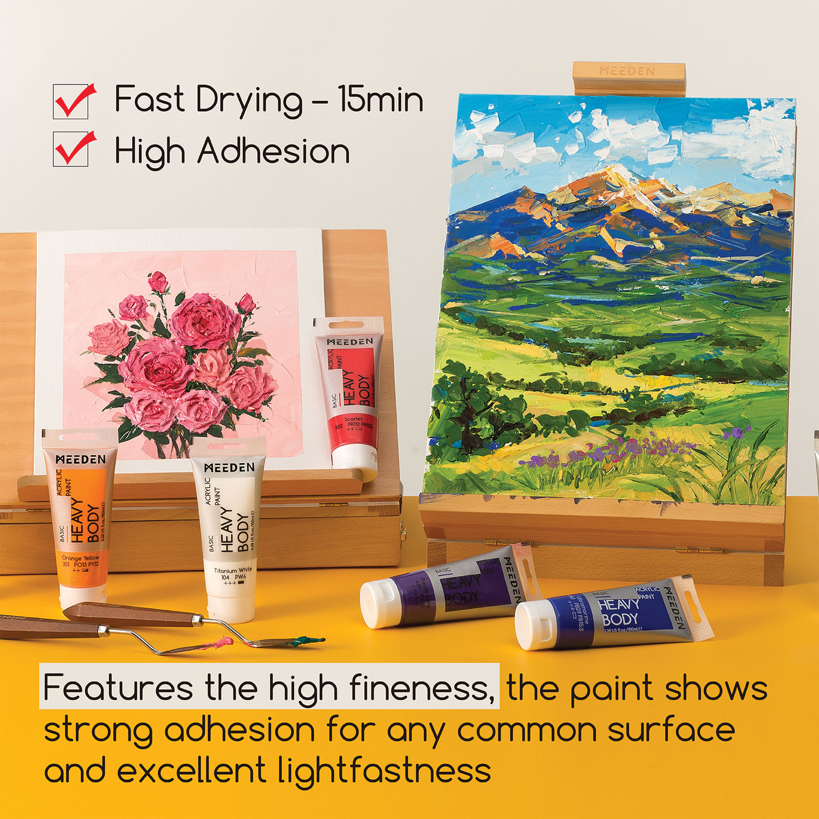 Fast Drying, 15 minutes, high adhesion. Features the high fineness, the paint shows strong adhesion for any common surface and excellent lightfastness 