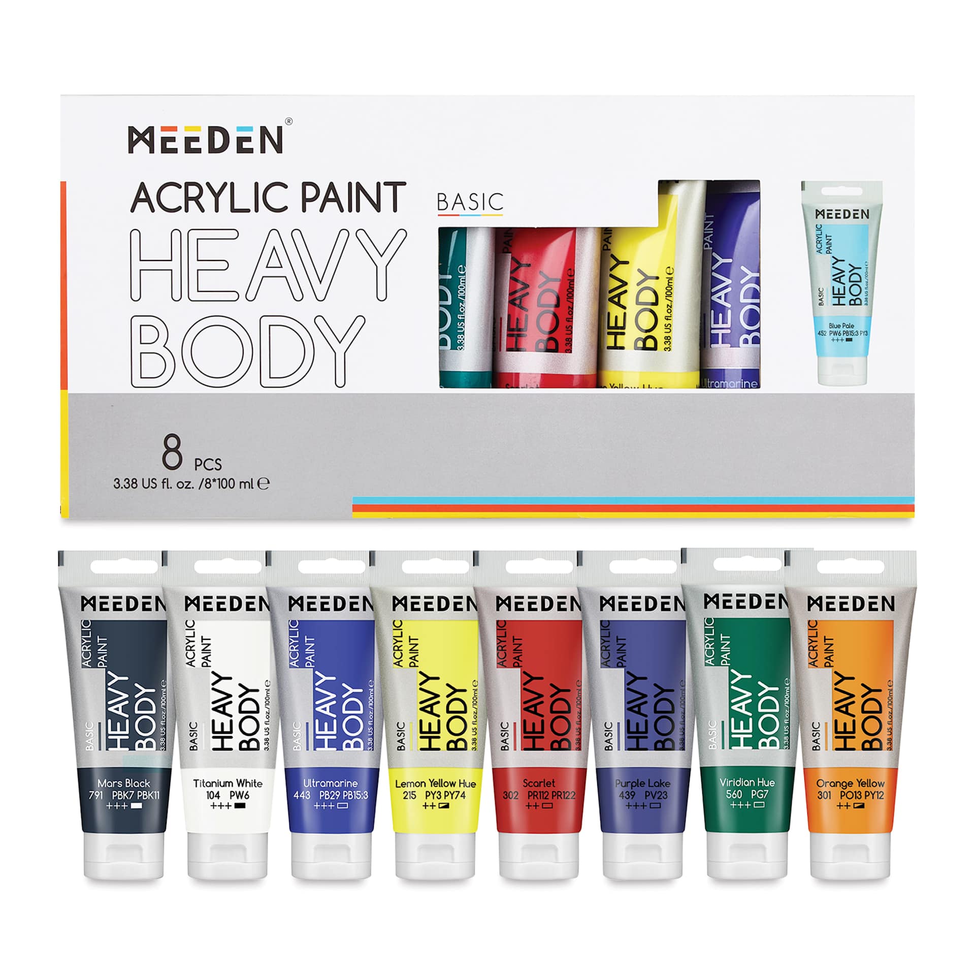 Meeden Heavy Body Acrylic Paints- Set of 8, Primary Colors, 100 ml tubes