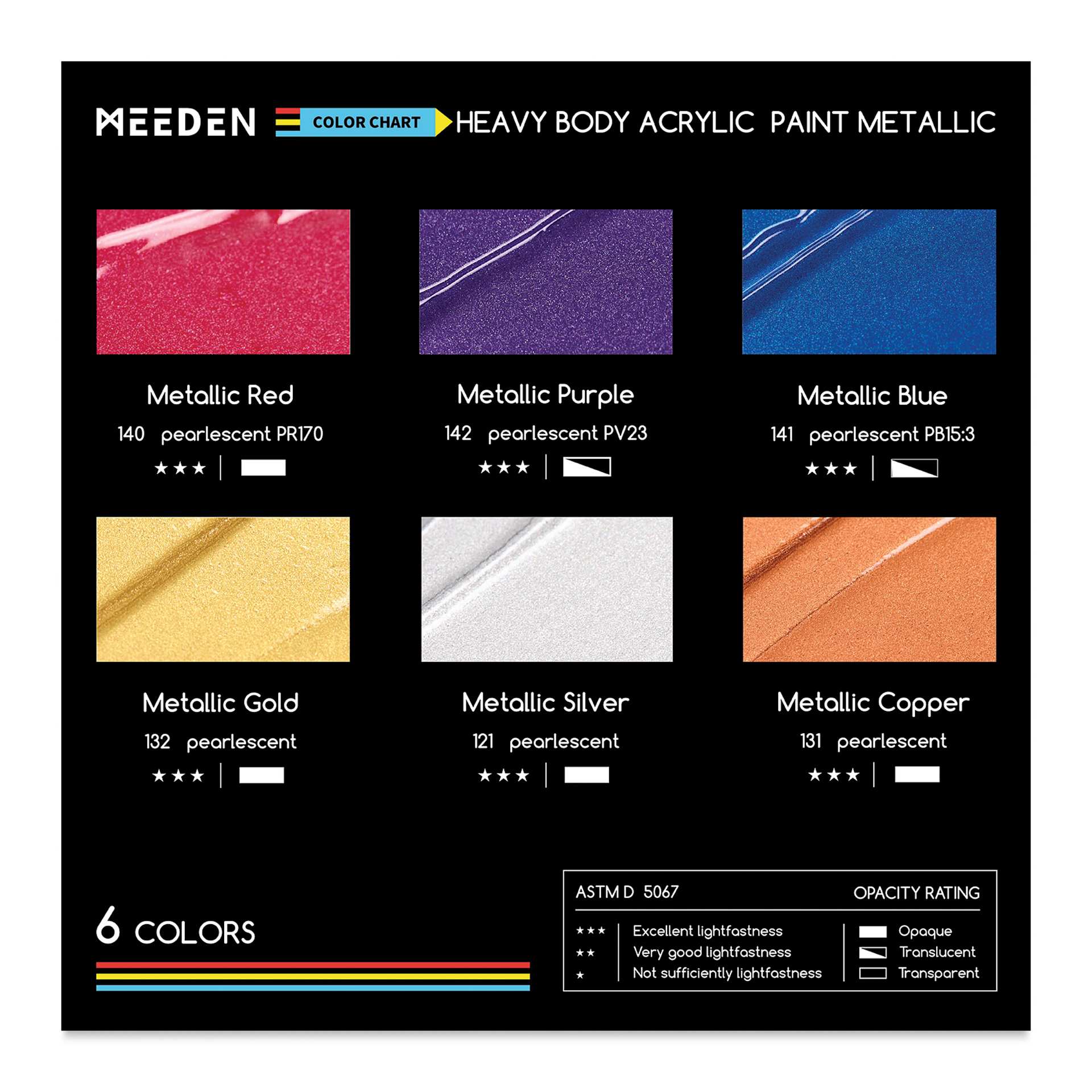 Meeden Heavy Body Acrylic Paints- Set of 6, Metallic Colors, 60 ml tubes back of package