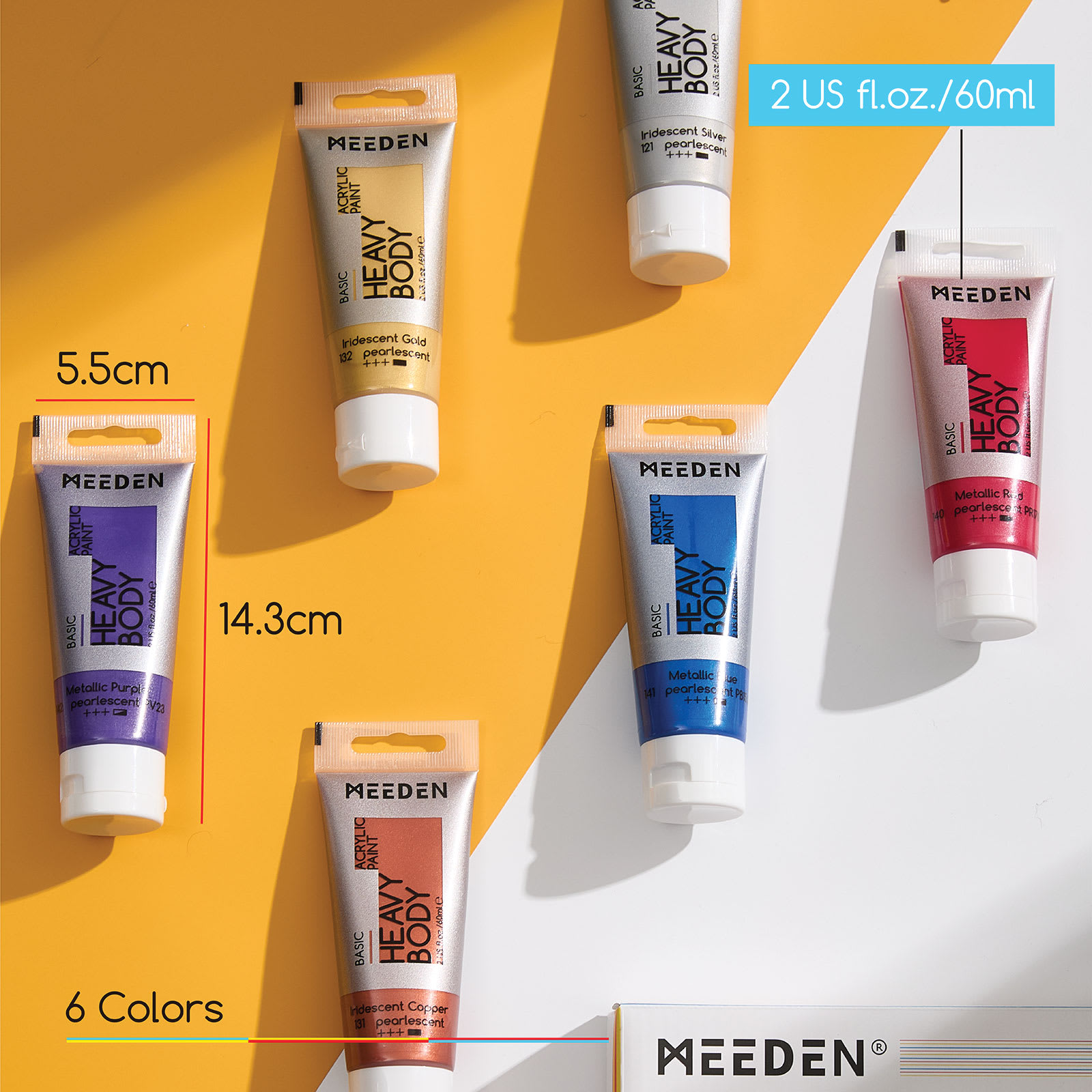 Meeden Heavy Body Acrylic Paint 2 U.S. Fluid ounces, 60 ml. 5.5 cm x 14.3 cm. 6 colors